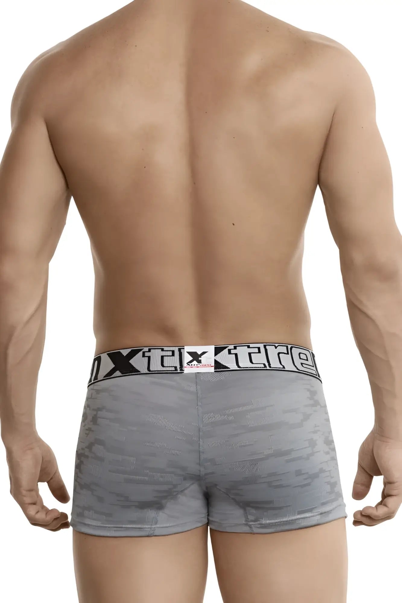 Gray xtremen 51443c jacquard camouflage men’s boxer briefs with black and white elastic waistband and logo