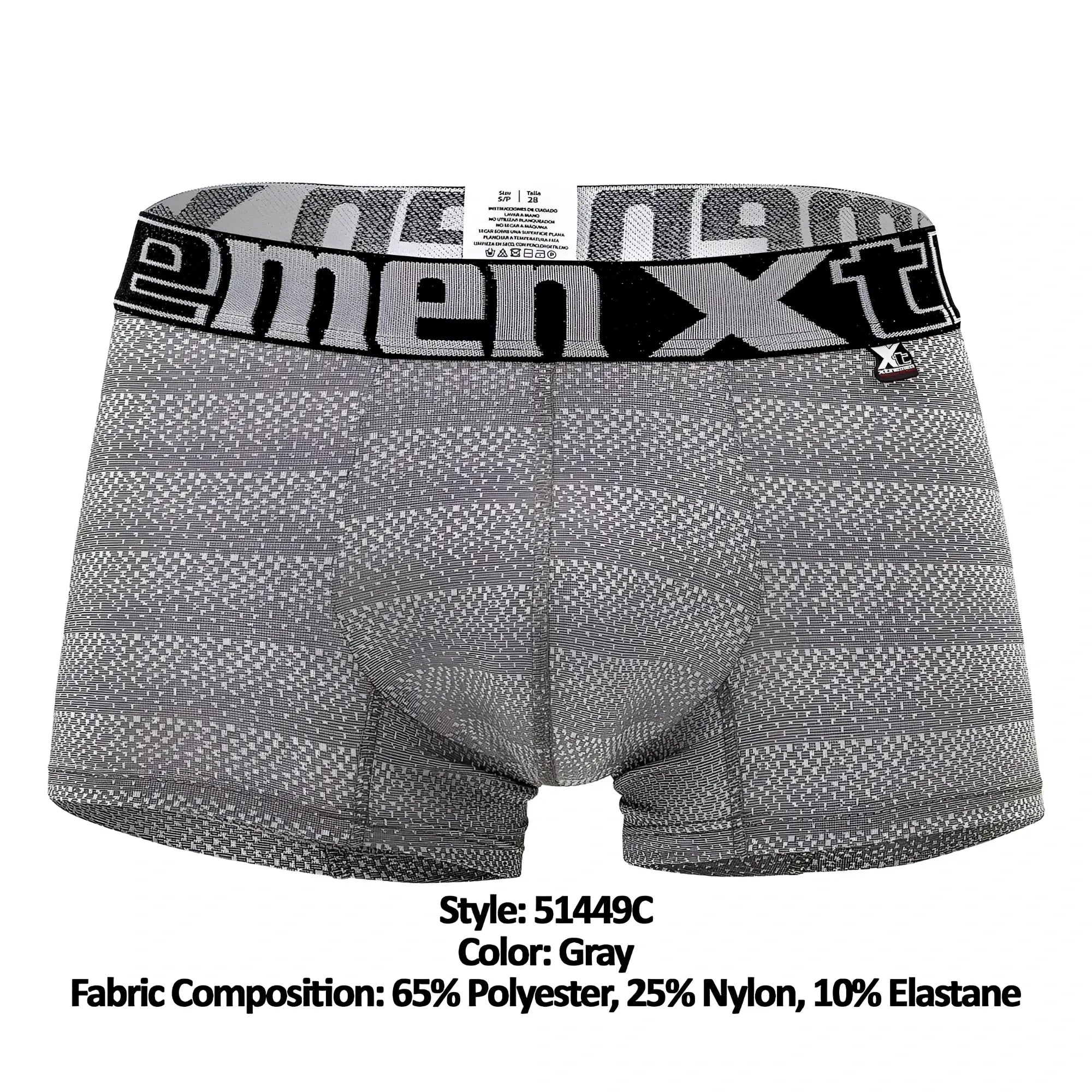 Gray men’s boxer briefs with a black and white geometric jacquard waistband featuring the menxt logo Xtremen 51449C