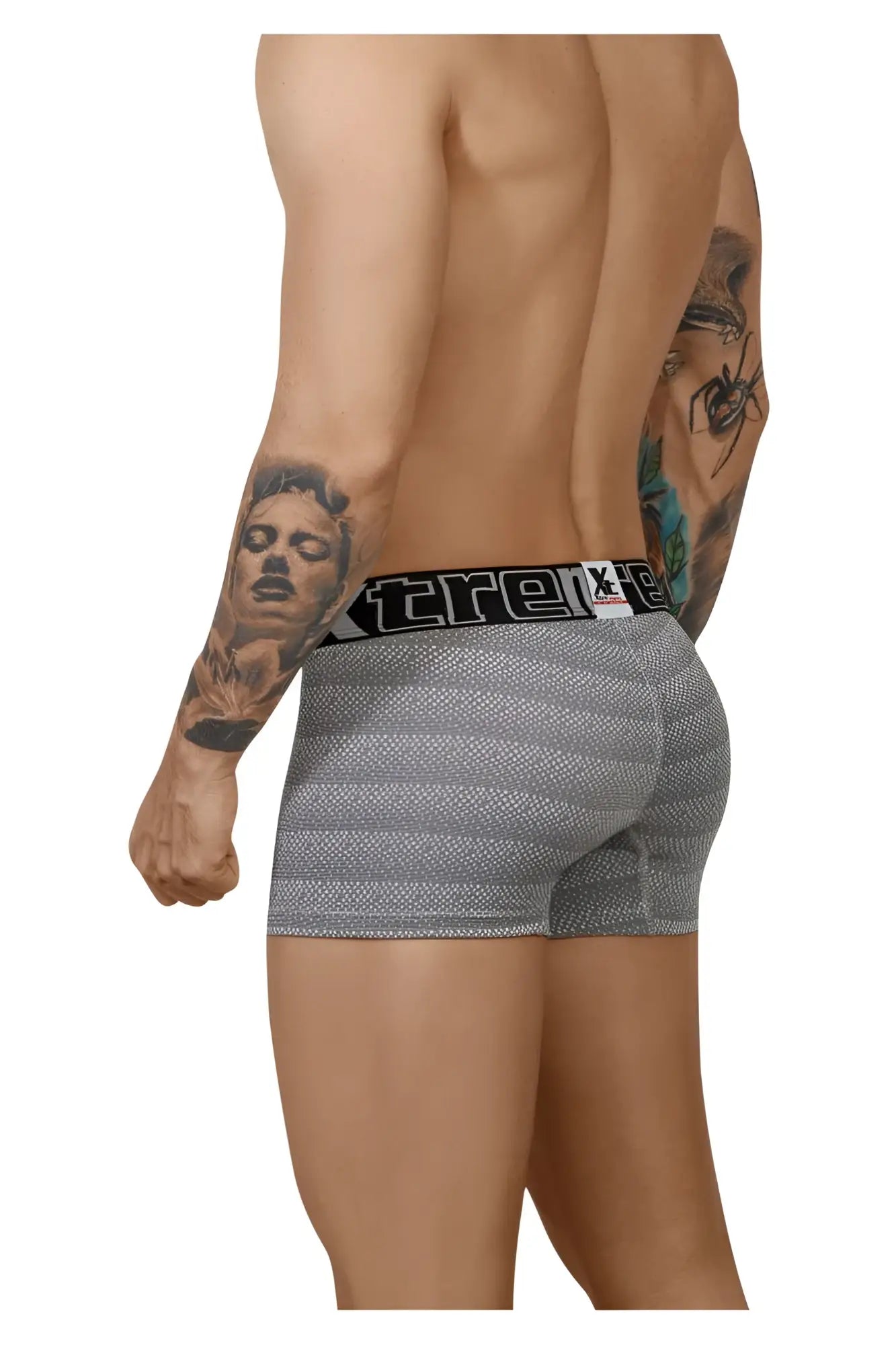 Gray striped boxer briefs with black elastic waistband and xtreme logo from the xtremen 51449c geometric jacquard trunk line