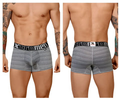 Gray striped men’s boxer briefs with black elastic waistband featuring xtremen brand name geometric jacquard trunk