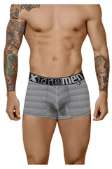 Gray striped men’s boxer briefs with black elastic waistband featuring xtremen brand name in geometric jacquard trunk style