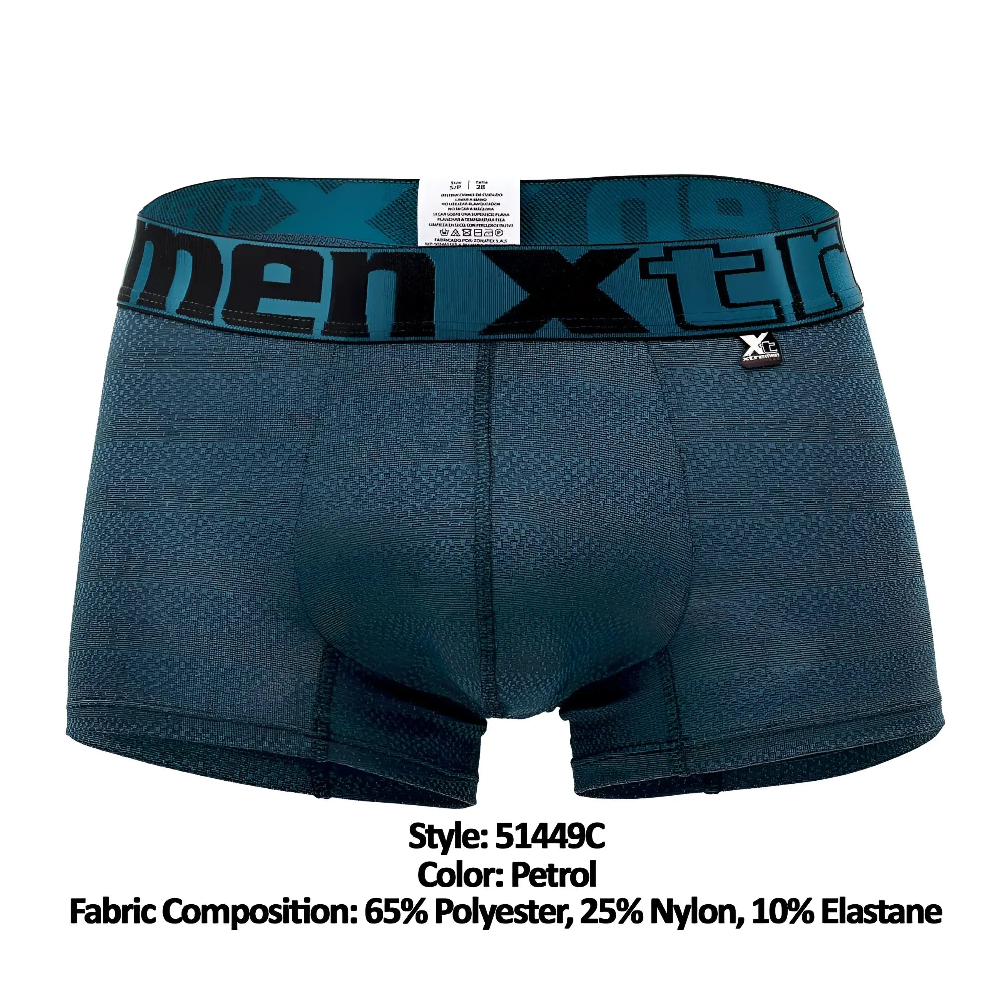 Xtremen 51449C petrol-colored men’s boxer briefs with geometric jacquard textured fabric and bold men x waistband branding