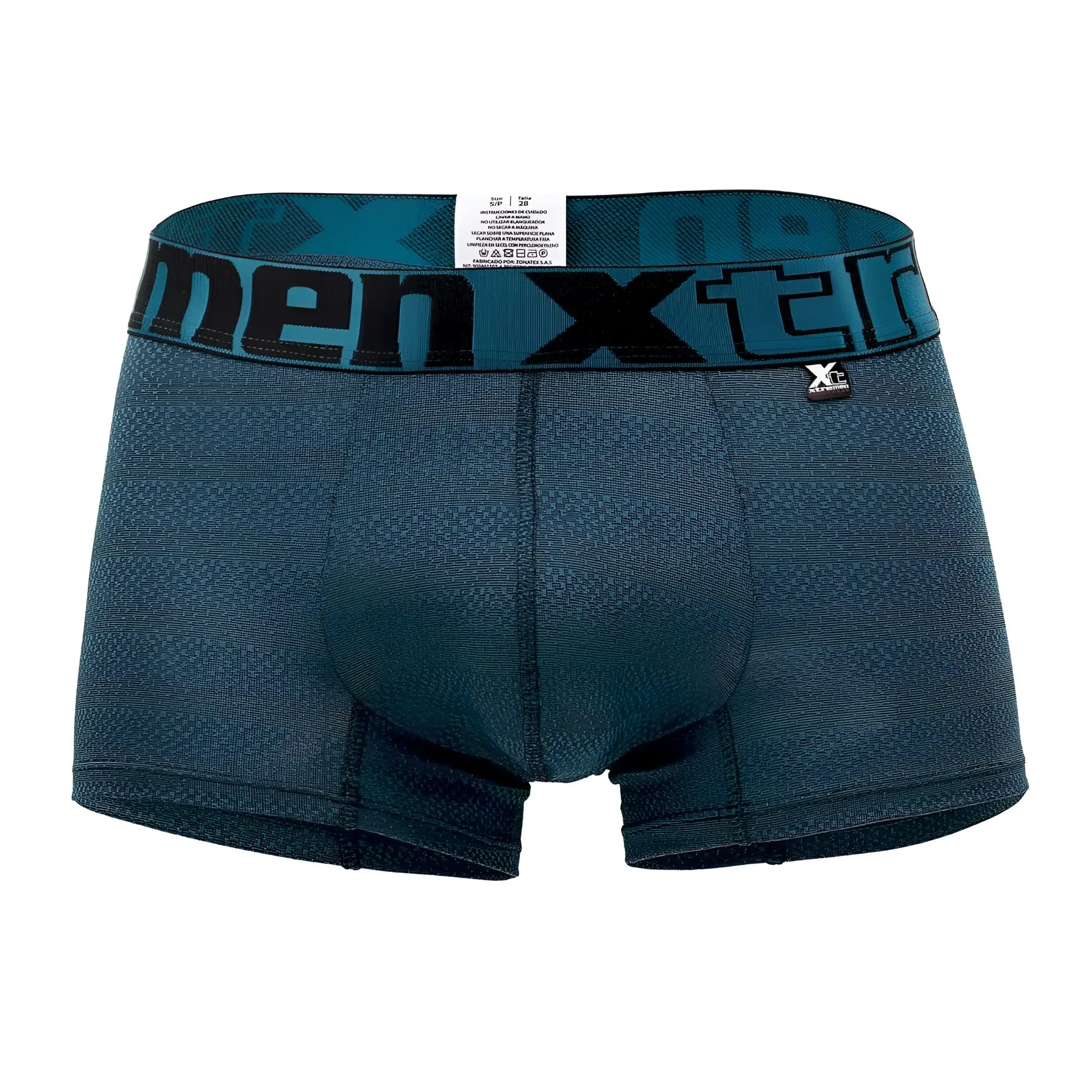 Dark teal menxtreme boxer briefs with textured geometric jacquard fabric and bold black logo on the waistband
