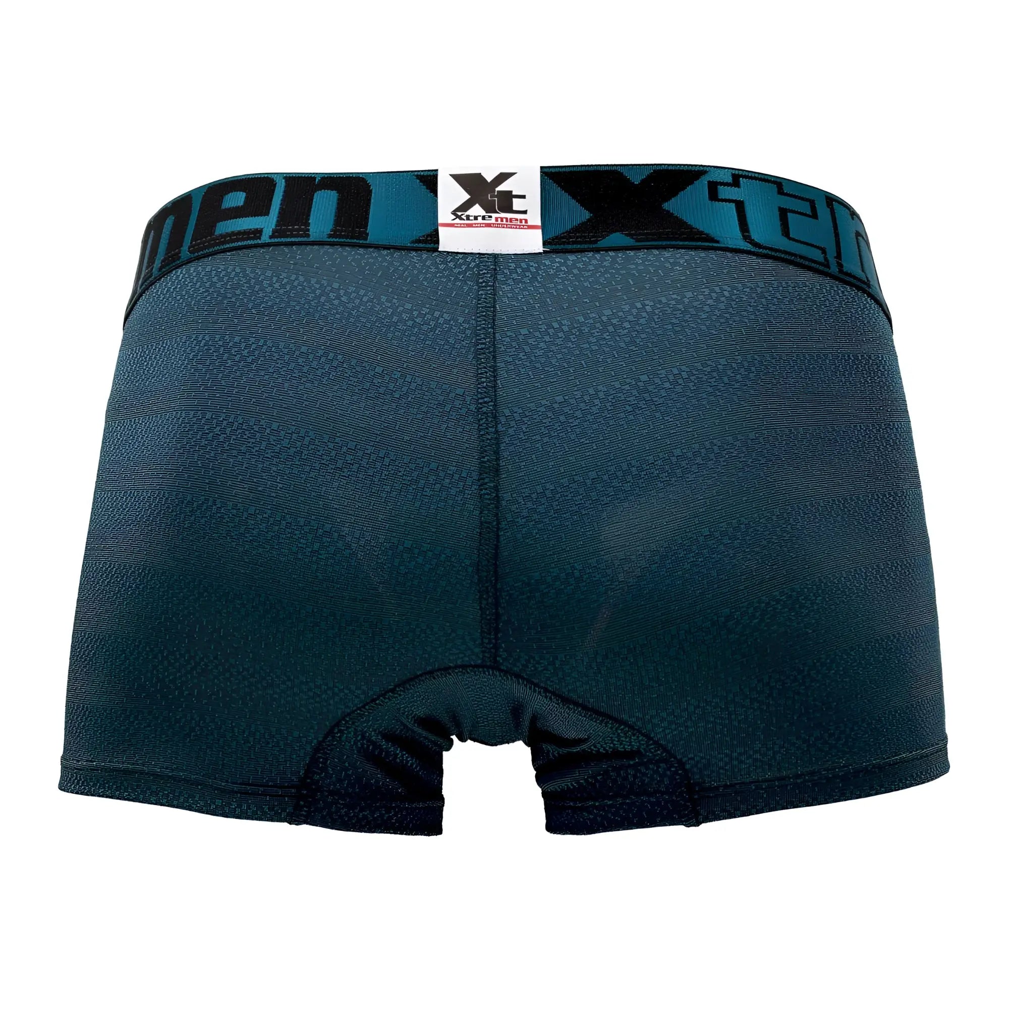 Dark teal xtremen 51449c geometric jacquard men’s boxer briefs with textured fabric and black xtreme men waistband branding