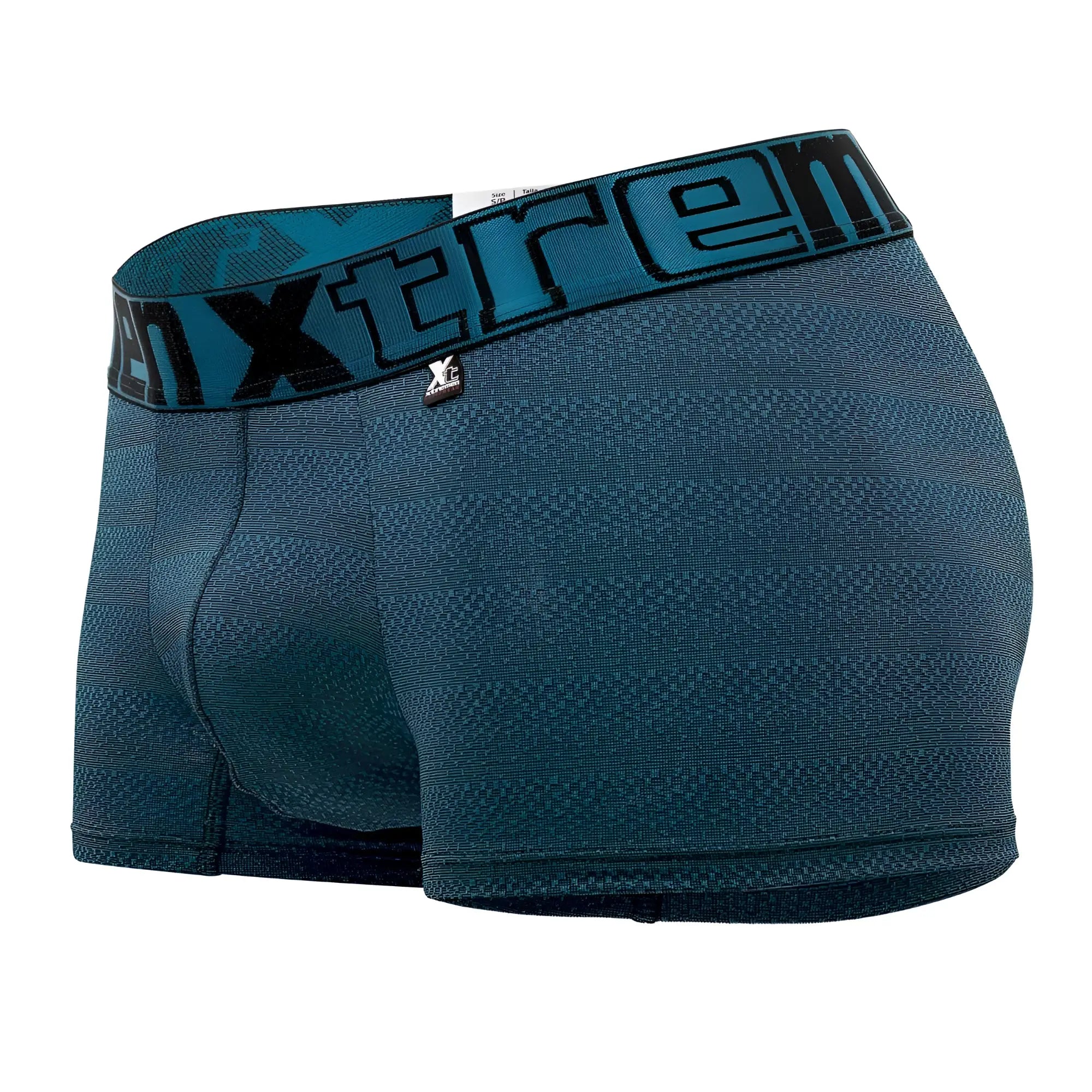 Teal textured boxer briefs with geometric jacquard fabric and black teal elastic waistband featuring xtreme logo