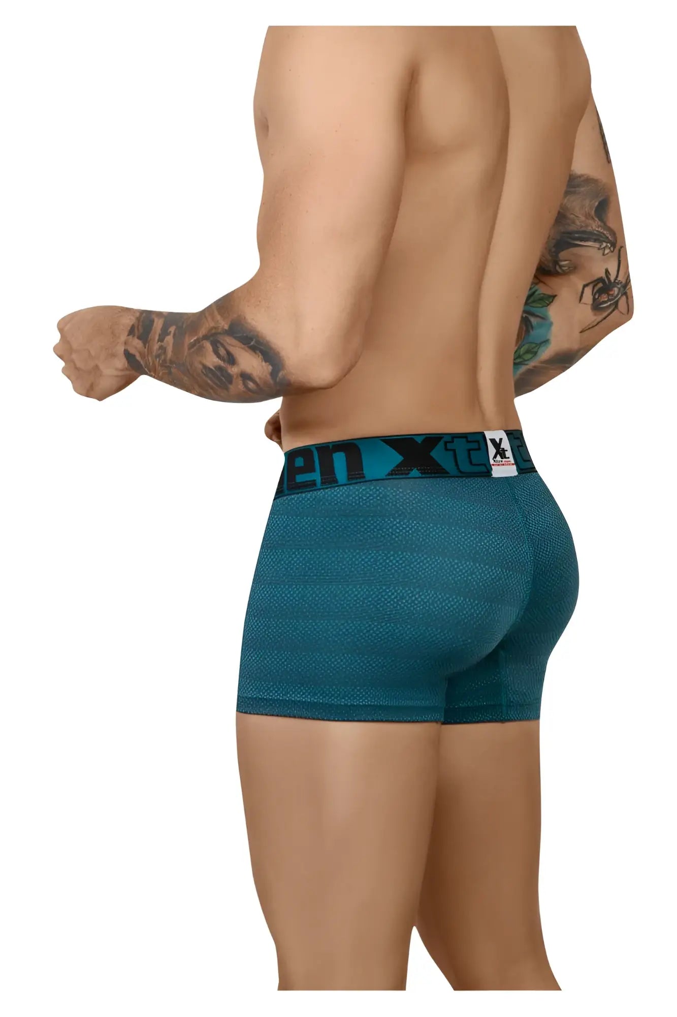 Teal textured men’s boxer briefs with black elastic waistband featuring xtreme brand logo in petrol geometric jacquard design