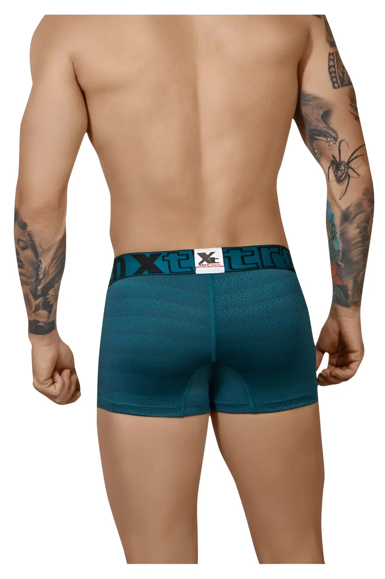 Teal textured men’s Xtremen 51449C geometric jacquard trunk with black elastic waistband and x logo in petrol color