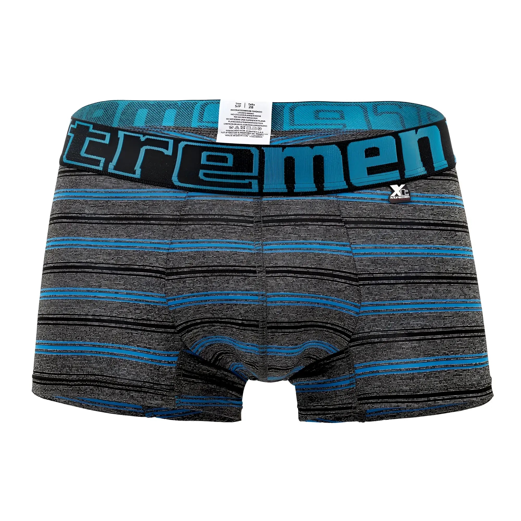 Xtremen 51453C stripes trunk men’s boxer briefs in blue and gray with black waistband and teal Xtremen logo