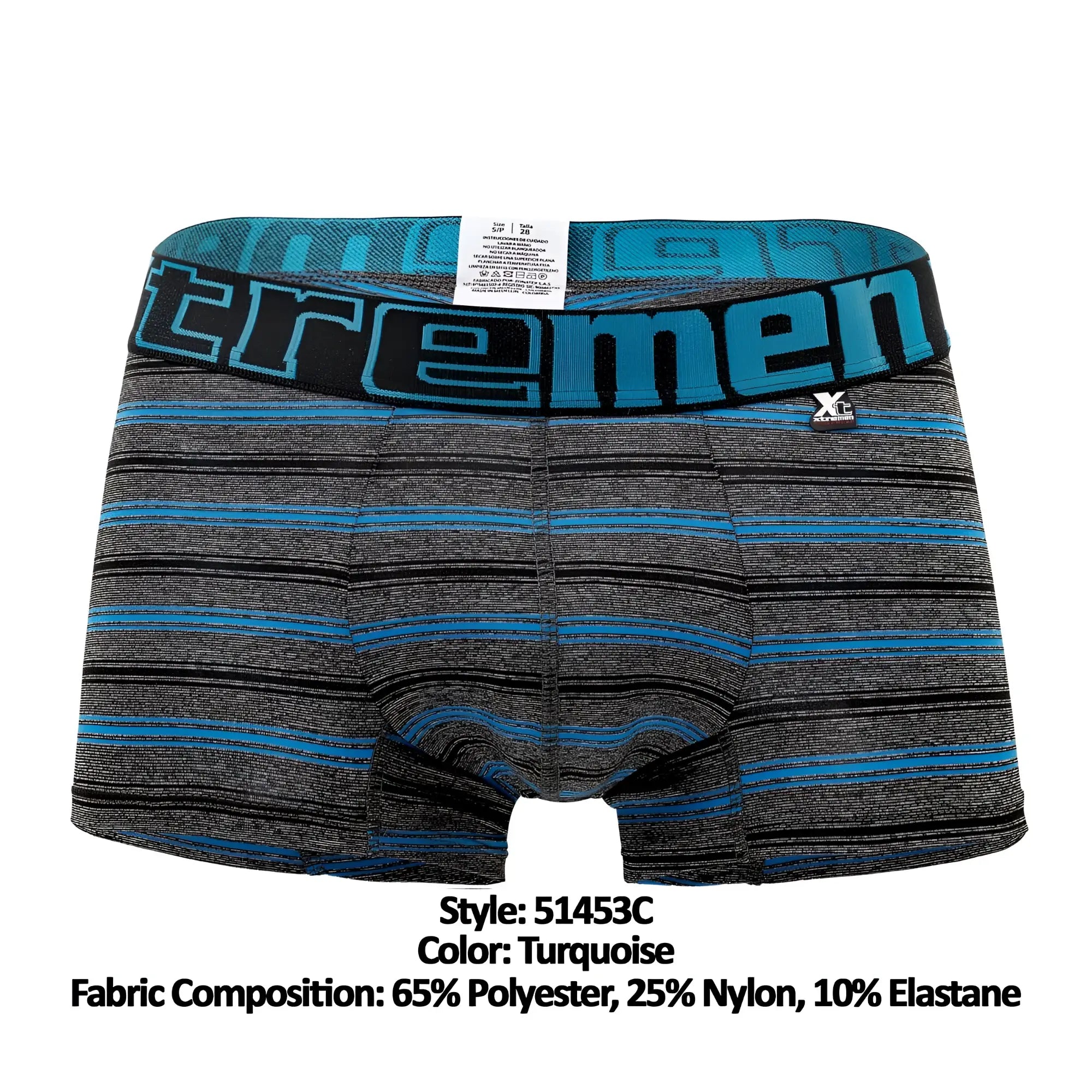 Turquoise striped men’s boxer briefs with black waistband featuring Xtremen brand name in bold blue lettering