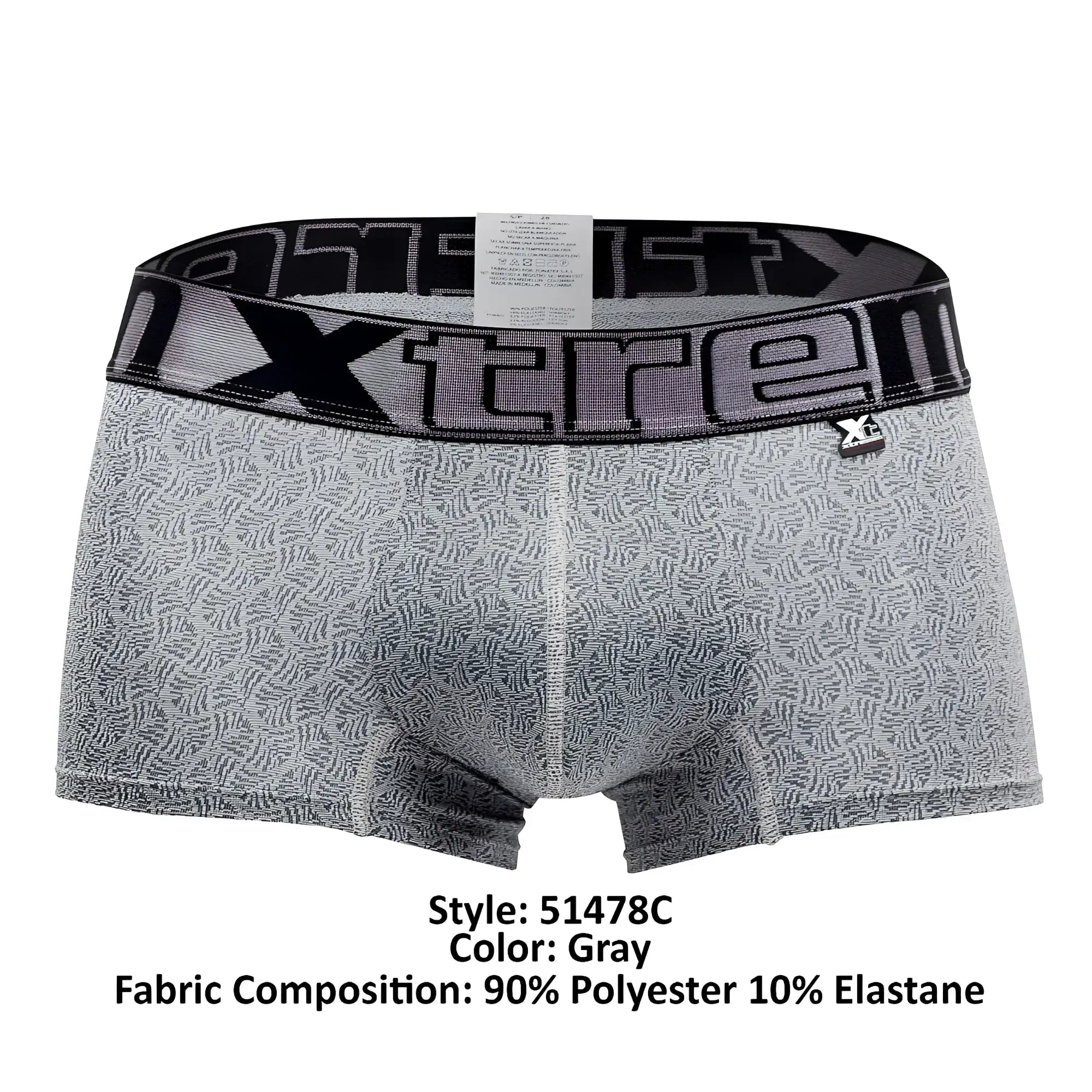 Gray microfiber jacquard boxer briefs with a subtle black pattern and a bold xtreme logo waistband