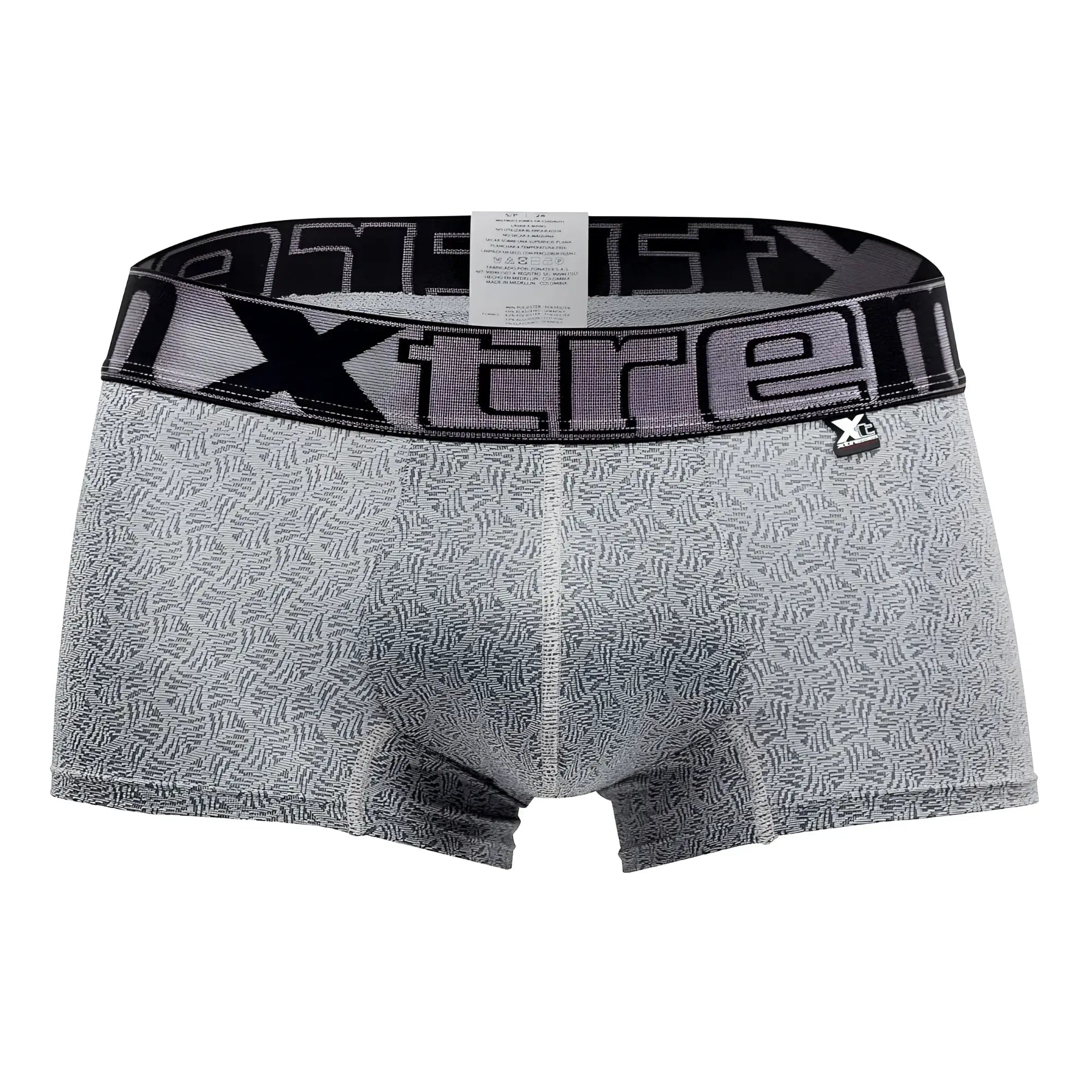 Gray patterned xtremen microfiber jacquard men’s boxer briefs with black elastic waistband and xtremen logo
