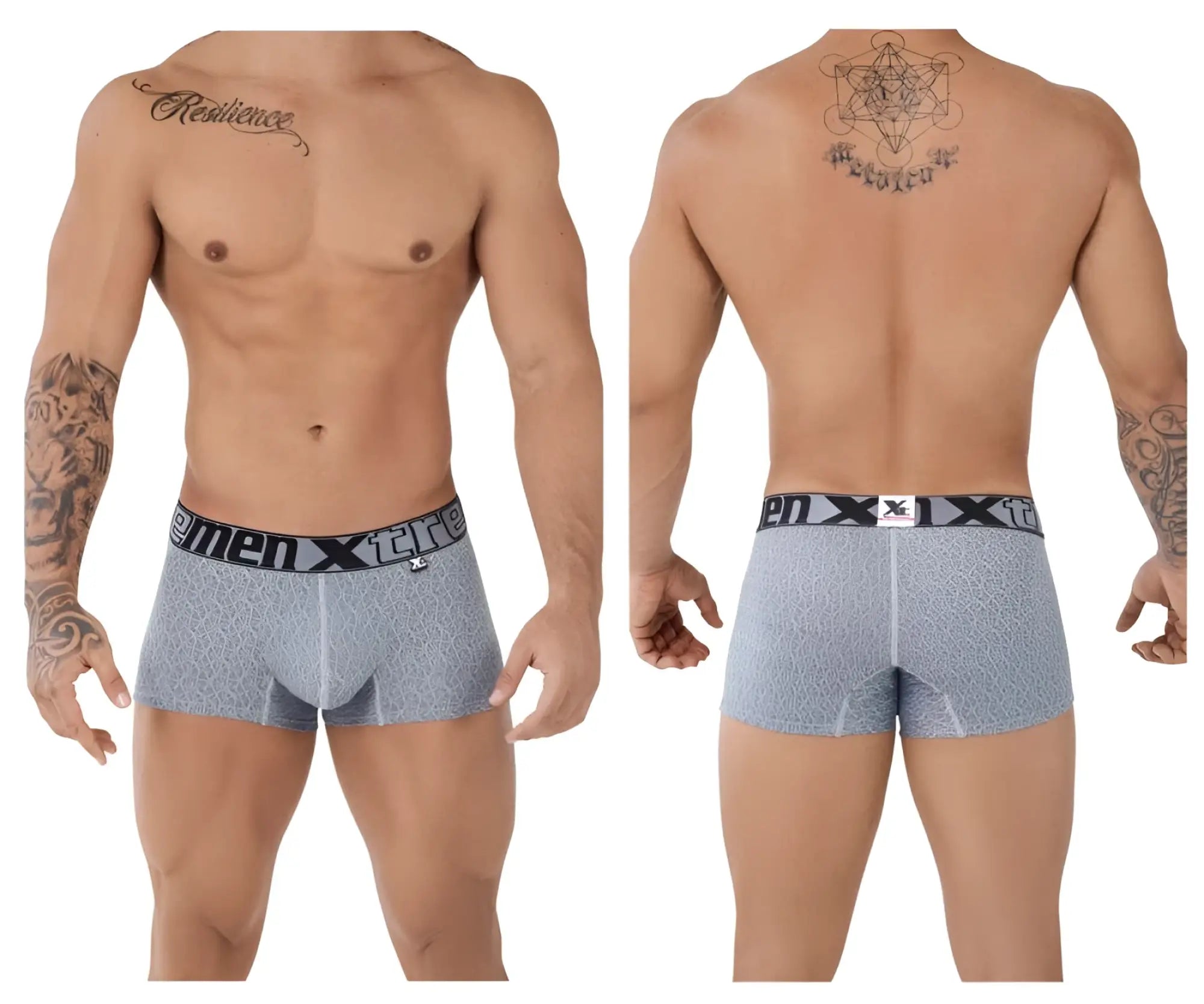 Gray patterned menxtreme microfiber jacquard trunks with black waistband featuring menxtreme logo
