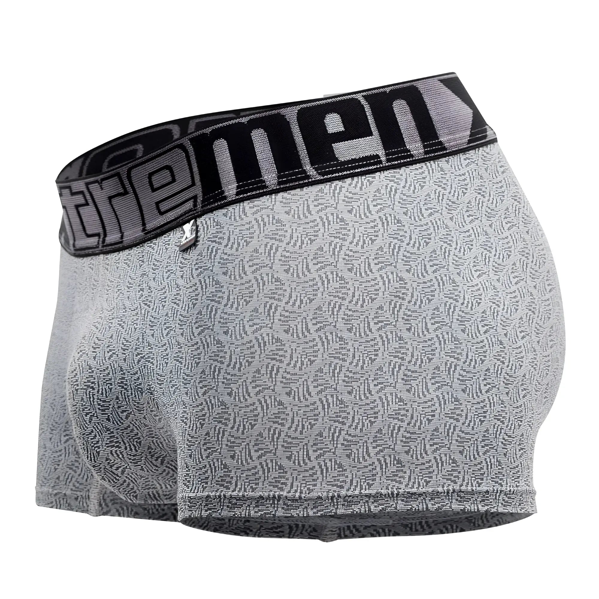 Gray xtremen 51478c microfiber jacquard trunks with a black extreme logo waistband and gray patterned design