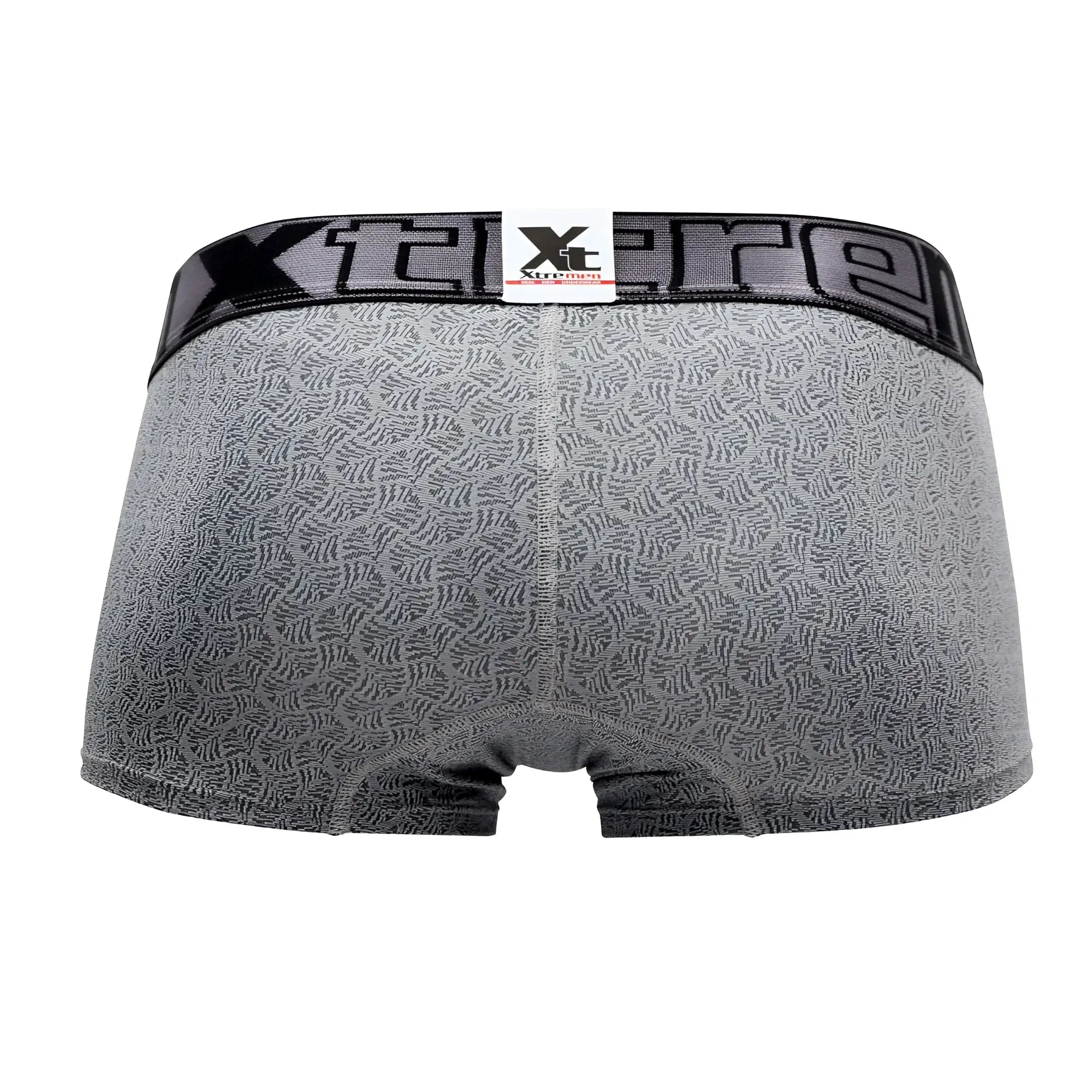 Gray patterned xtremen microfiber jacquard trunks with a black elastic waistband featuring the xtreme logo