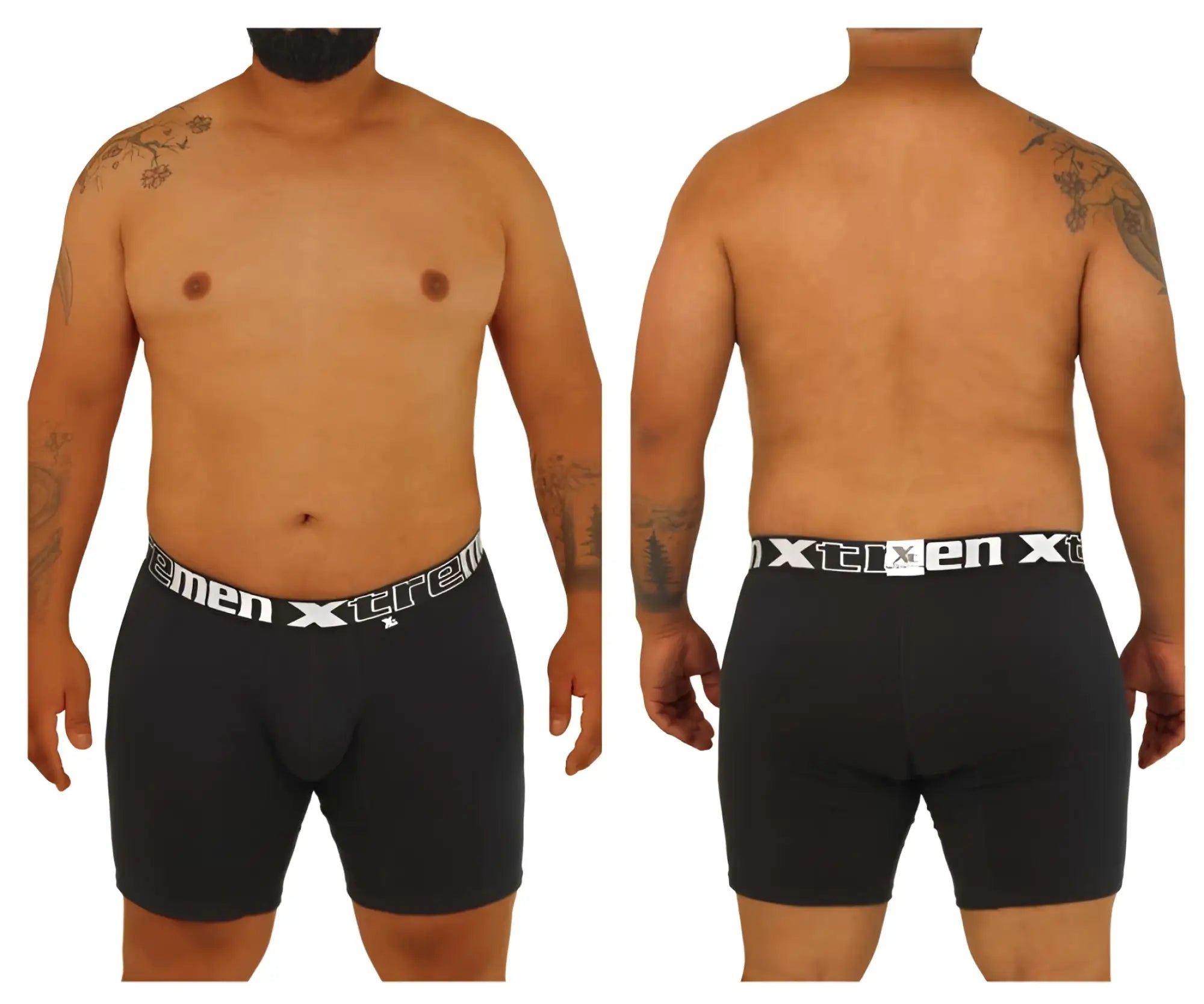 Xtremen 70001 plus black men’s boxer briefs with white elastic waistband featuring xtremen brand logo