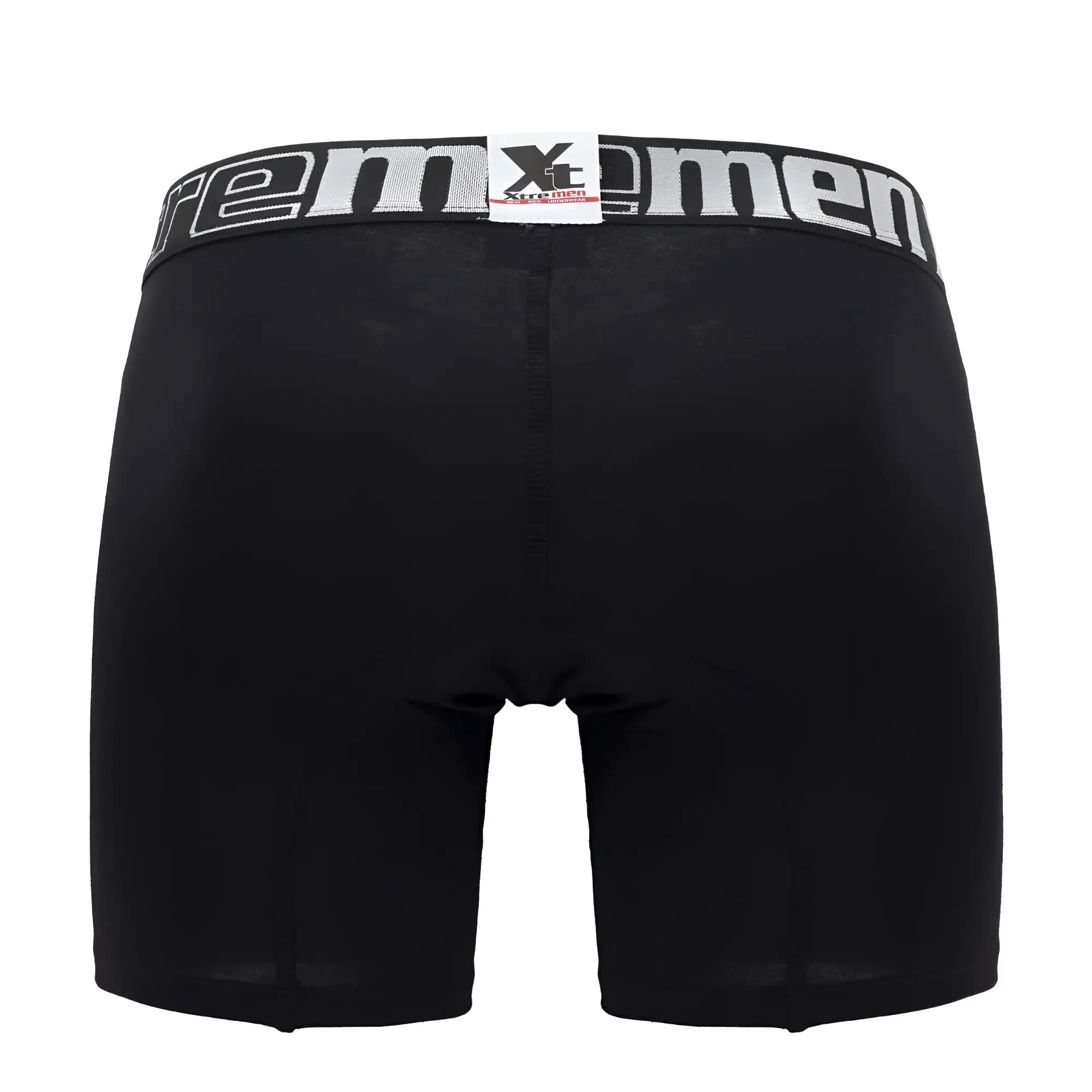 Black xtremen 70001 plus boxer briefs with a white and gray elastic waistband featuring the brand logo