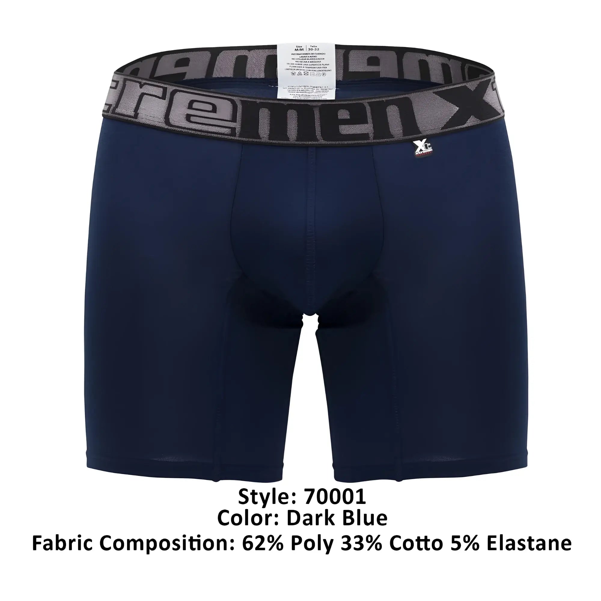 Dark blue Xtremen 70001 Plus men’s boxer briefs with gray and black elastic waistband featuring Xtreme Men X logo