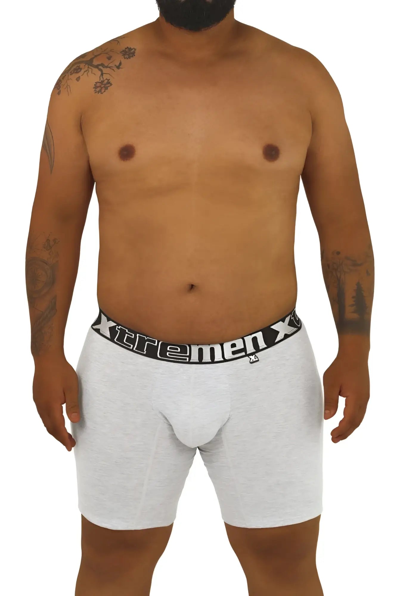 Gray heathered boxer briefs with black elastic waistband and xtremen x logo in white from xtremen 70001 plus collection