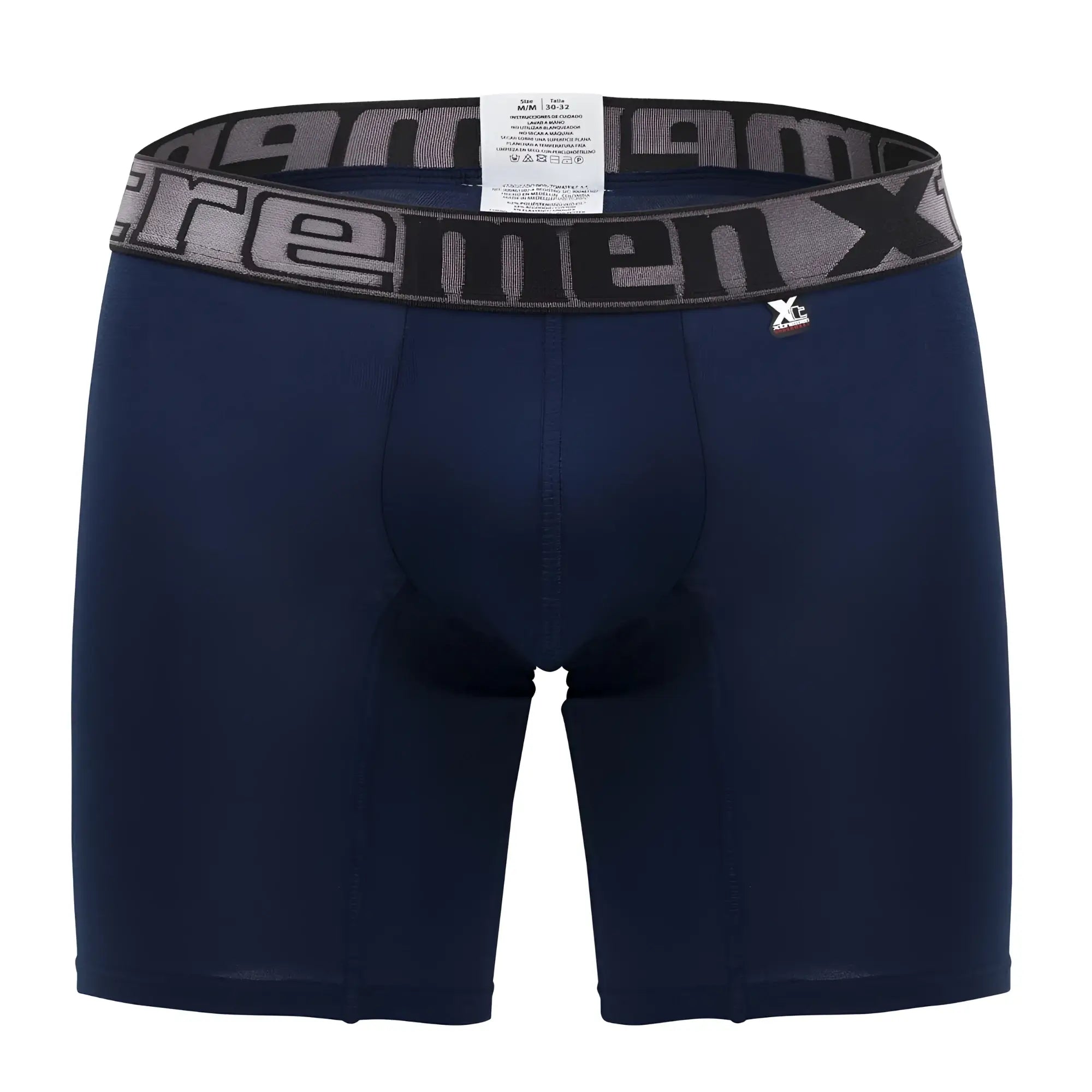 Navy blue men’s Xtremen 70001 Plus boxer briefs with gray black elastic waistband and xc logo for comfortable fit