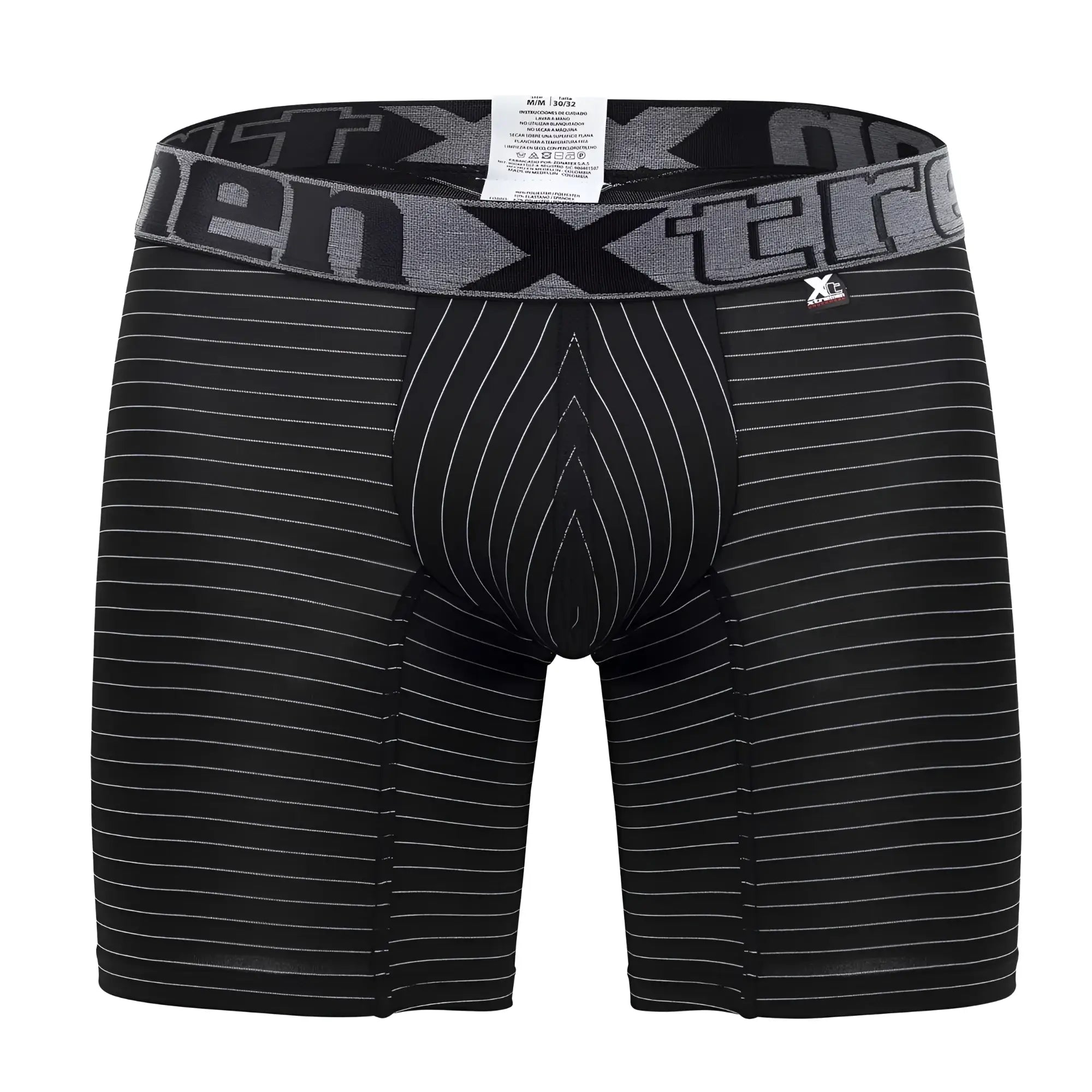 Black men’s boxer briefs xtremen 70004 plus with white vertical pinstripes and gray elastic waistband with xtreme logo