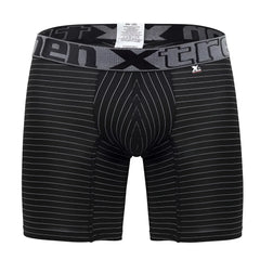 Black men’s boxer briefs xtremen 70004 plus with white vertical pinstripes and gray elastic waistband with xtreme logo