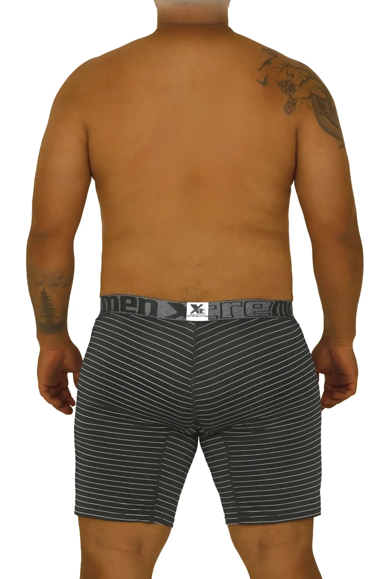 Black and white striped men’s boxer briefs with gray elastic waistband featuring x-ante logo xtremen 70004 plus