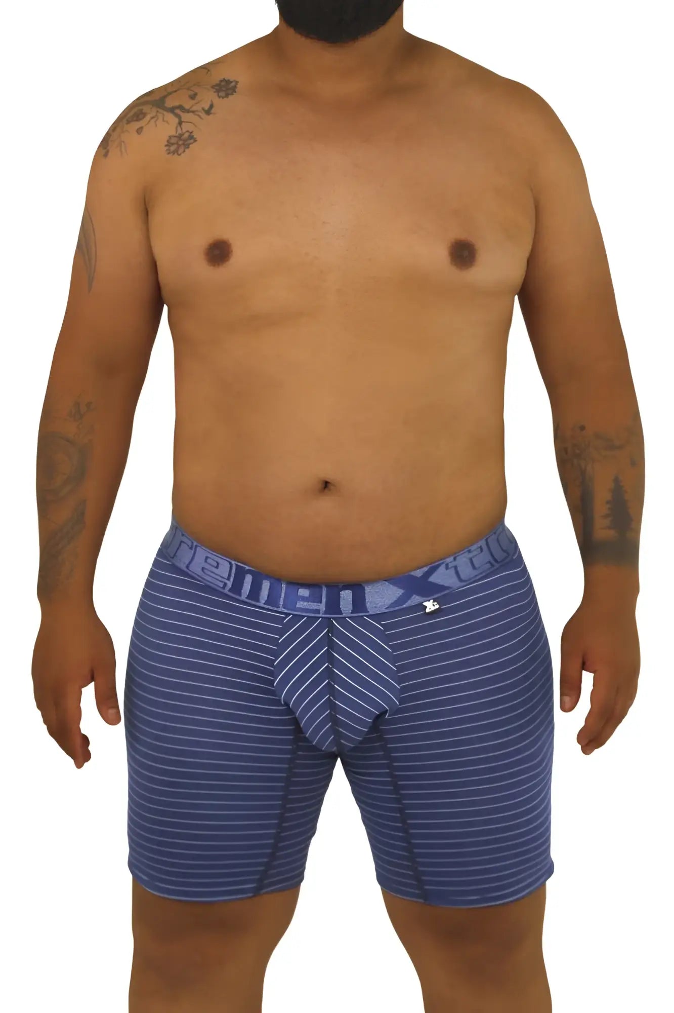 Xtremen 70004 plus blue striped men’s boxer briefs with patterned waistband and small front logo for comfortable wear