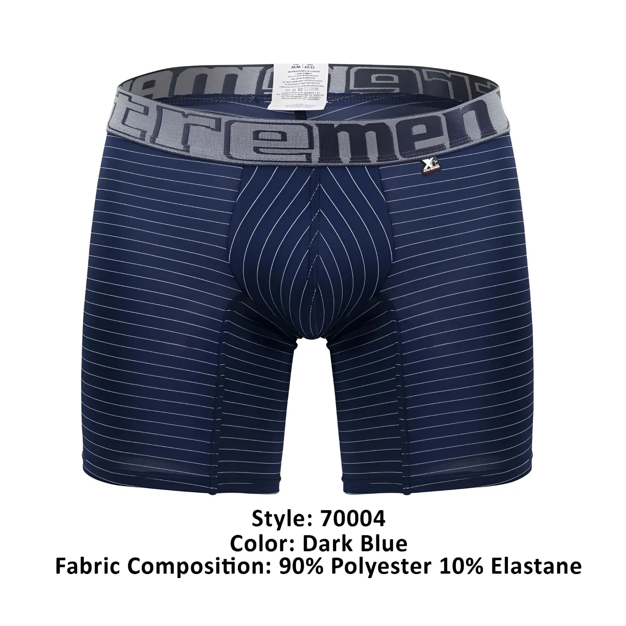 Dark blue xtremen 70004 plus boxer briefs with white pinstripes and gray elastic waistband with xtrememen logo