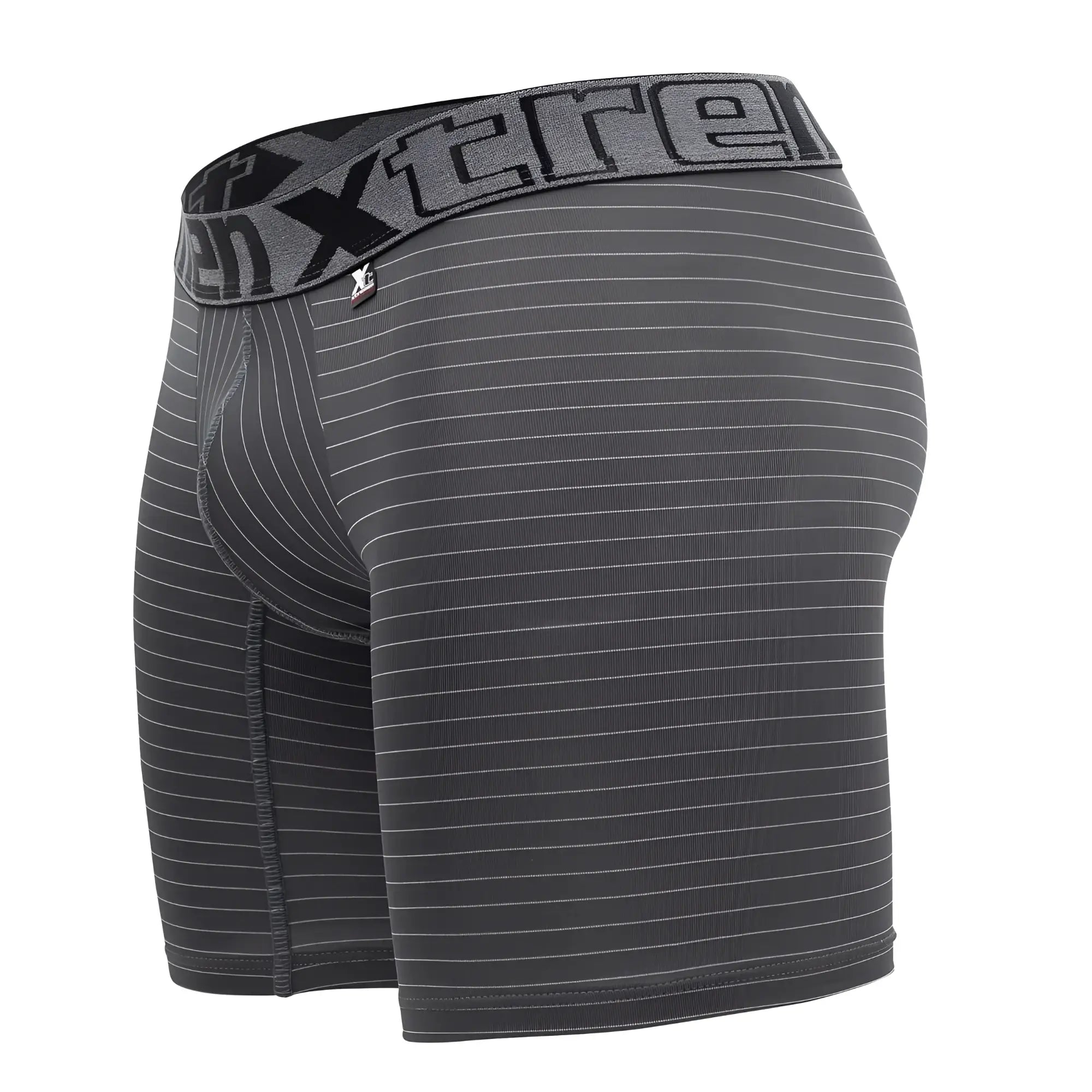 Dark gray Xtremen 70004 Plus boxer briefs with white vertical stripes and matching elastic waistband with logo