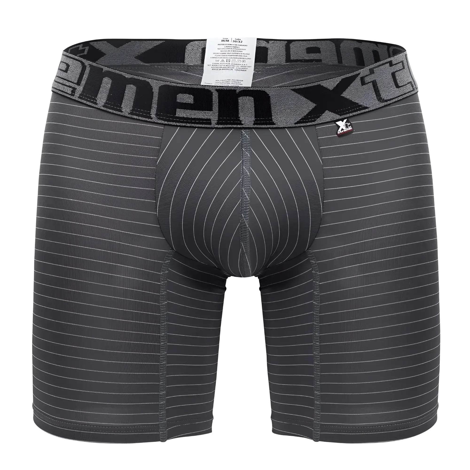 Dark gray men’s boxer briefs with subtle white pinstripes and xtremen 70004 plus logo waistband