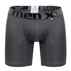 Dark gray men’s boxer briefs with subtle white pinstripes and xtremen 70004 plus logo waistband
