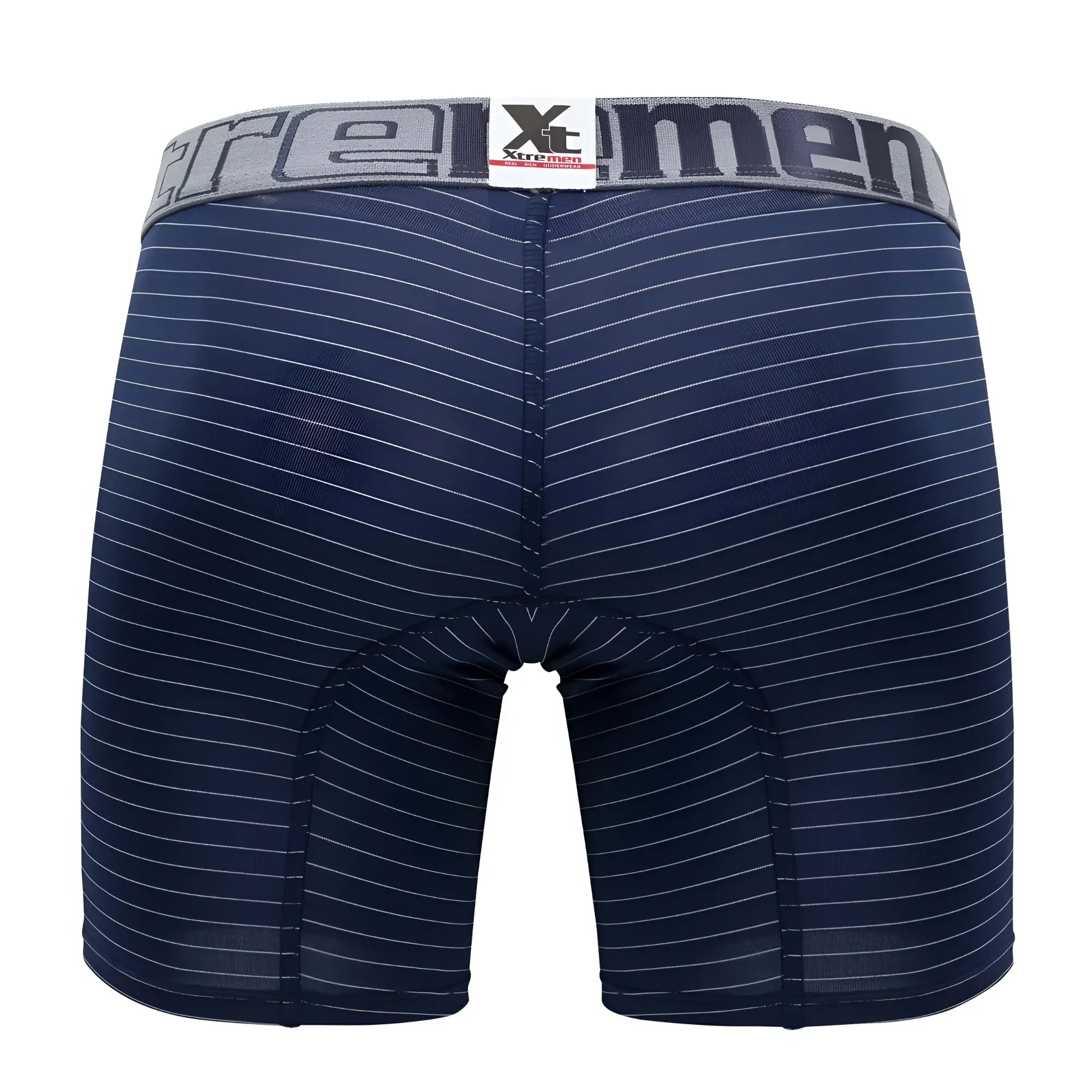 Navy blue xtremen 70004 plus boxer briefs with white pinstripes and gray elastic waistband featuring xtreme men logo