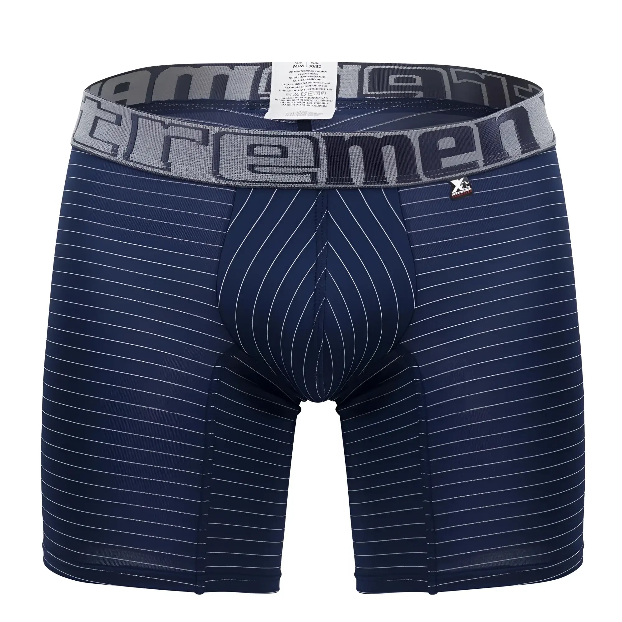 Navy blue xtremen 70004 plus boxer briefs with white pinstripes and gray reemen waistband for comfortable support