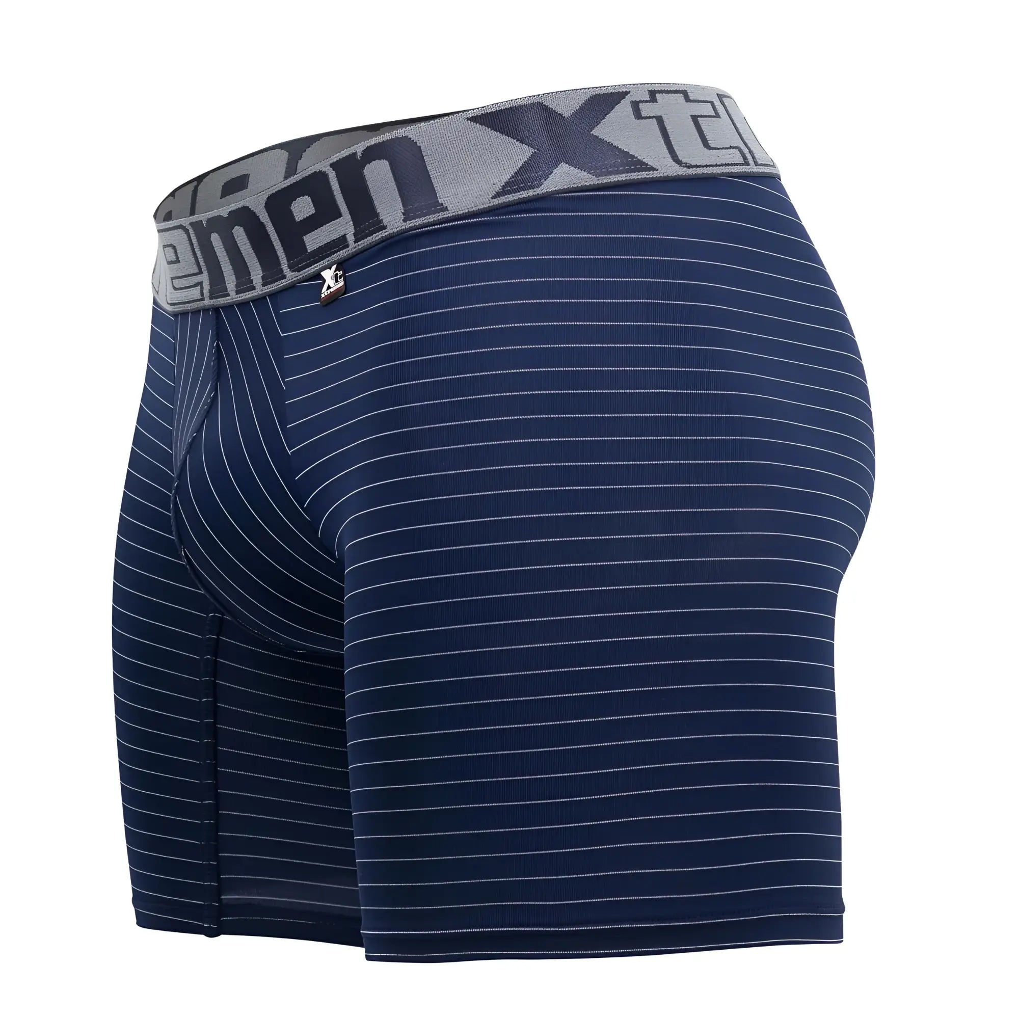 Navy blue xtremen 70004 plus men’s boxer briefs with white pinstripes and gray waistband featuring xtreme logo