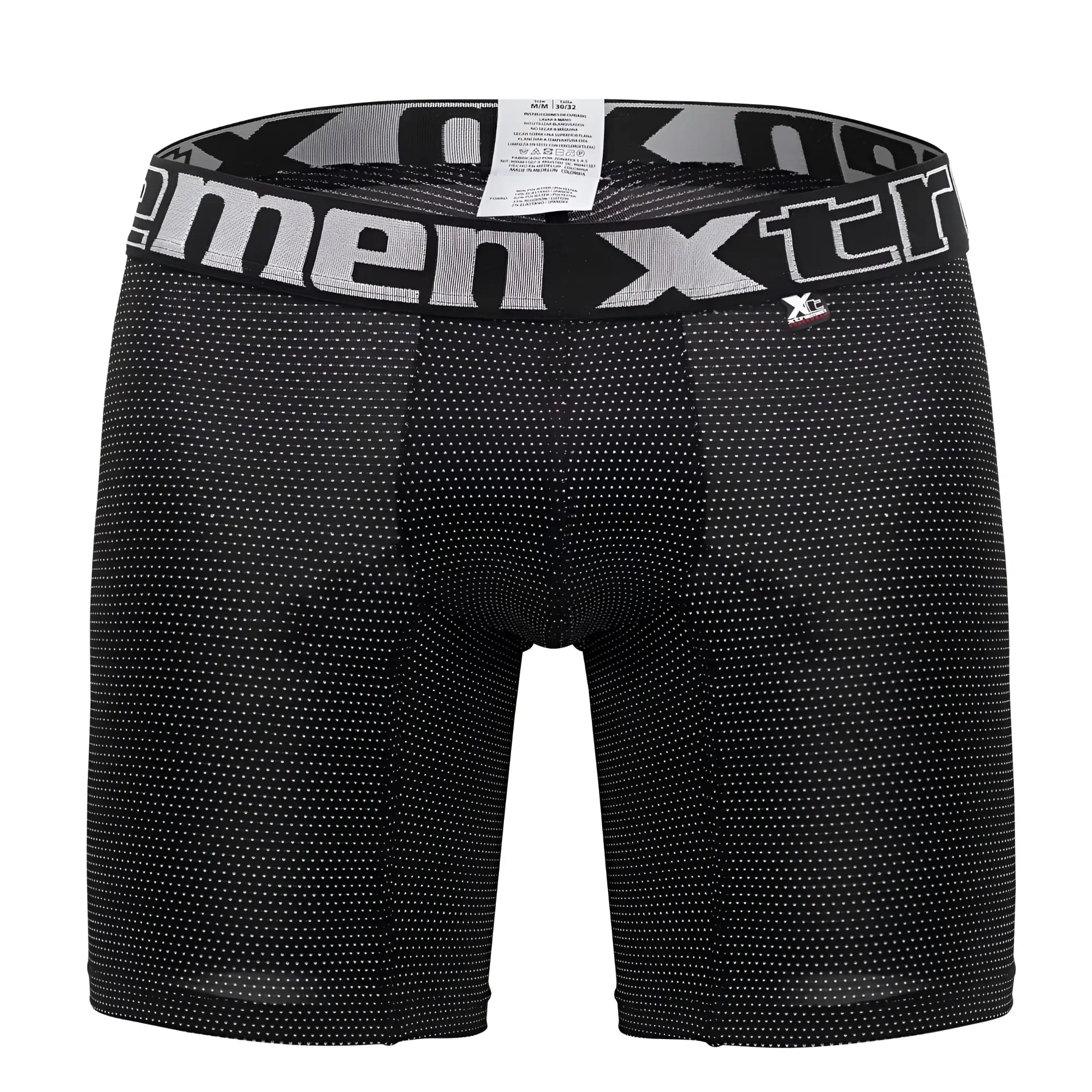 Black men’s Xtremen 70005 Plus boxer briefs with subtle white dot pattern and gray waistband with xtreme logo