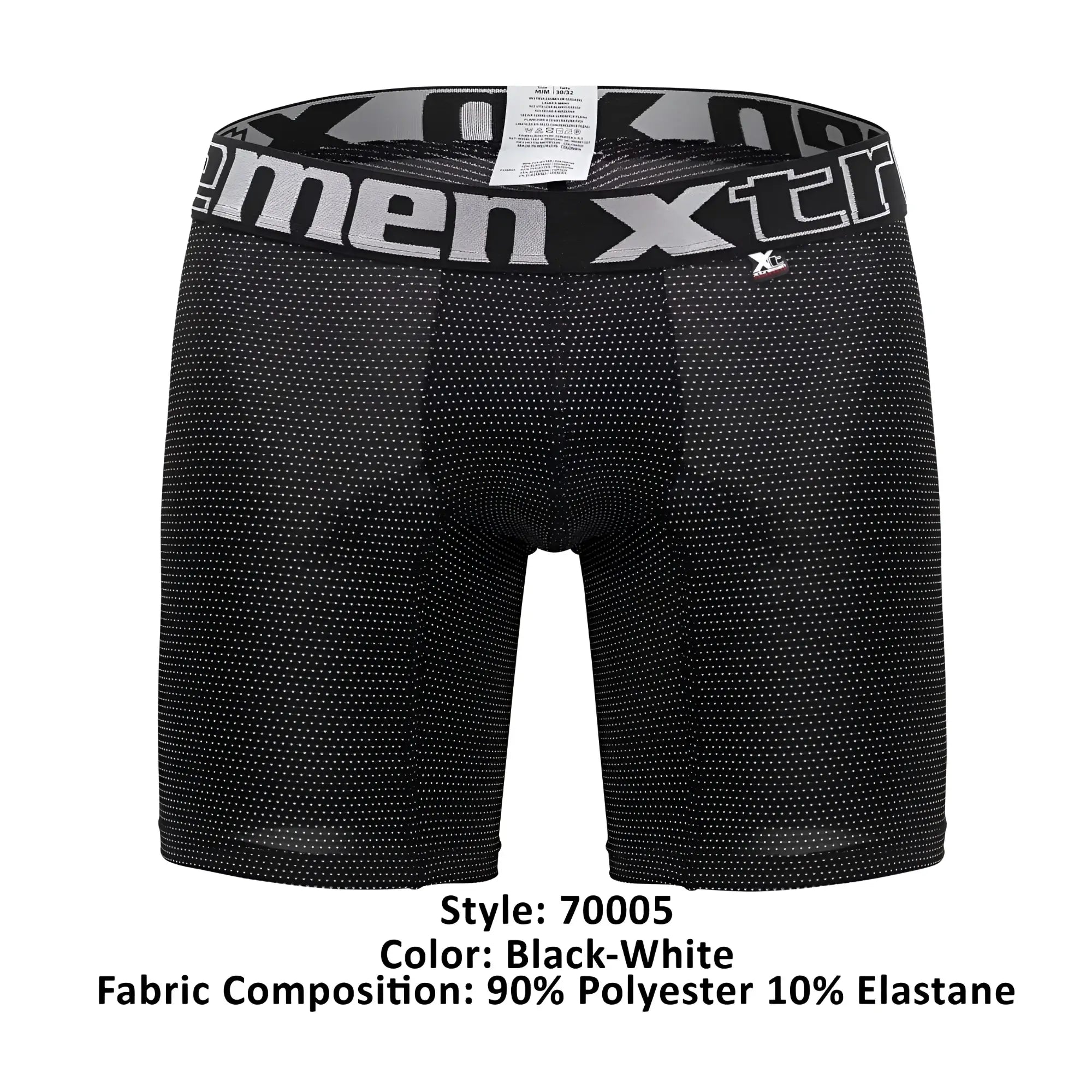 Black men’s boxer briefs Xtremen 70005 Plus with subtle white dots and gray black elastic waistband featuring xtreme logo