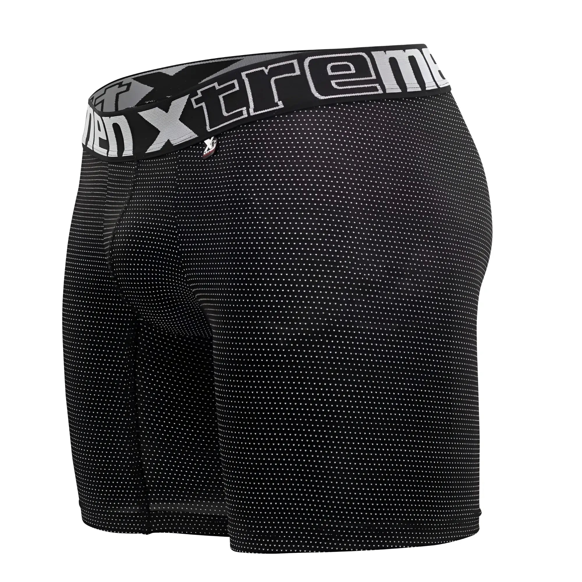 Black men’s boxer briefs Xtremen 70005 Plus with subtle white dot pattern and branded elastic waistband