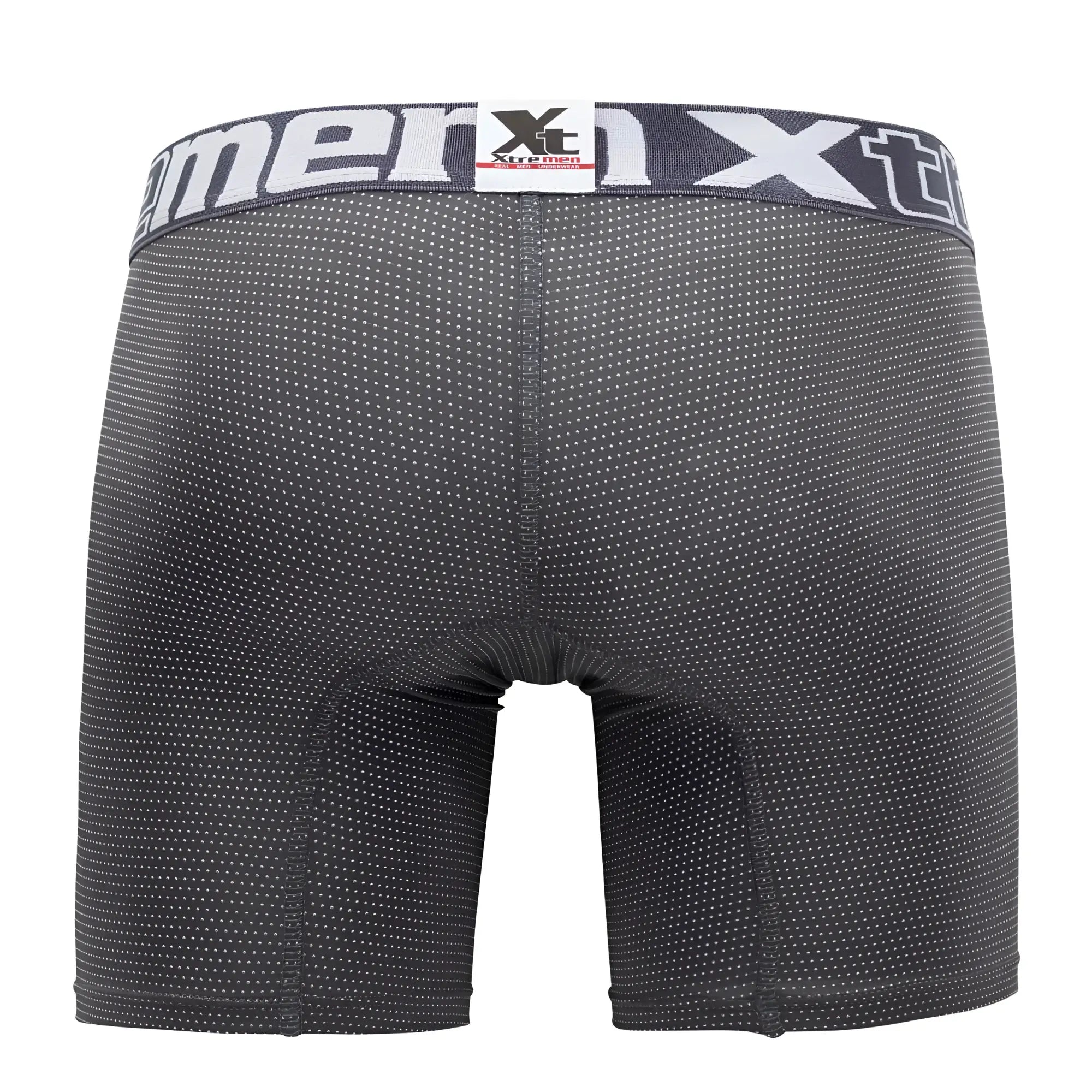 Black xtremen 70005 plus men’s boxer briefs with subtle white dot pattern and gray waistband featuring xt logo