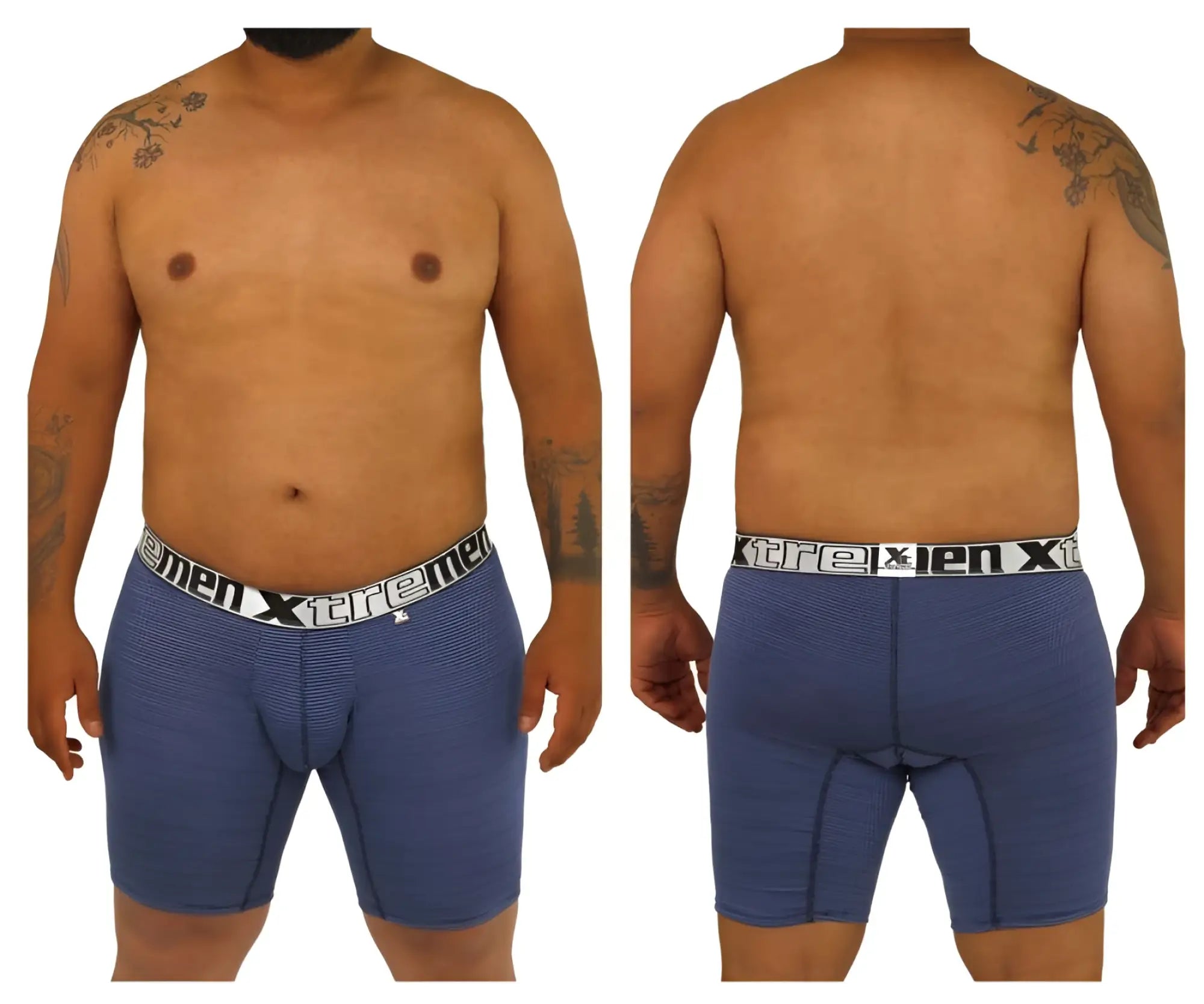 Blue patterned men’s boxer briefs with white elastic waistband featuring xtreme brand name xtremen 70005 plus model