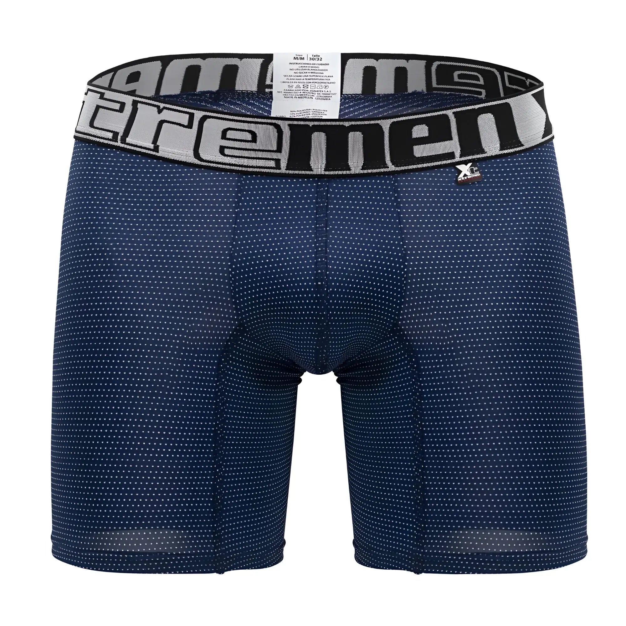 Dark blue xtremen 70005 plus boxer briefs with subtle white dot pattern and black waistband with extreme logo in gray
