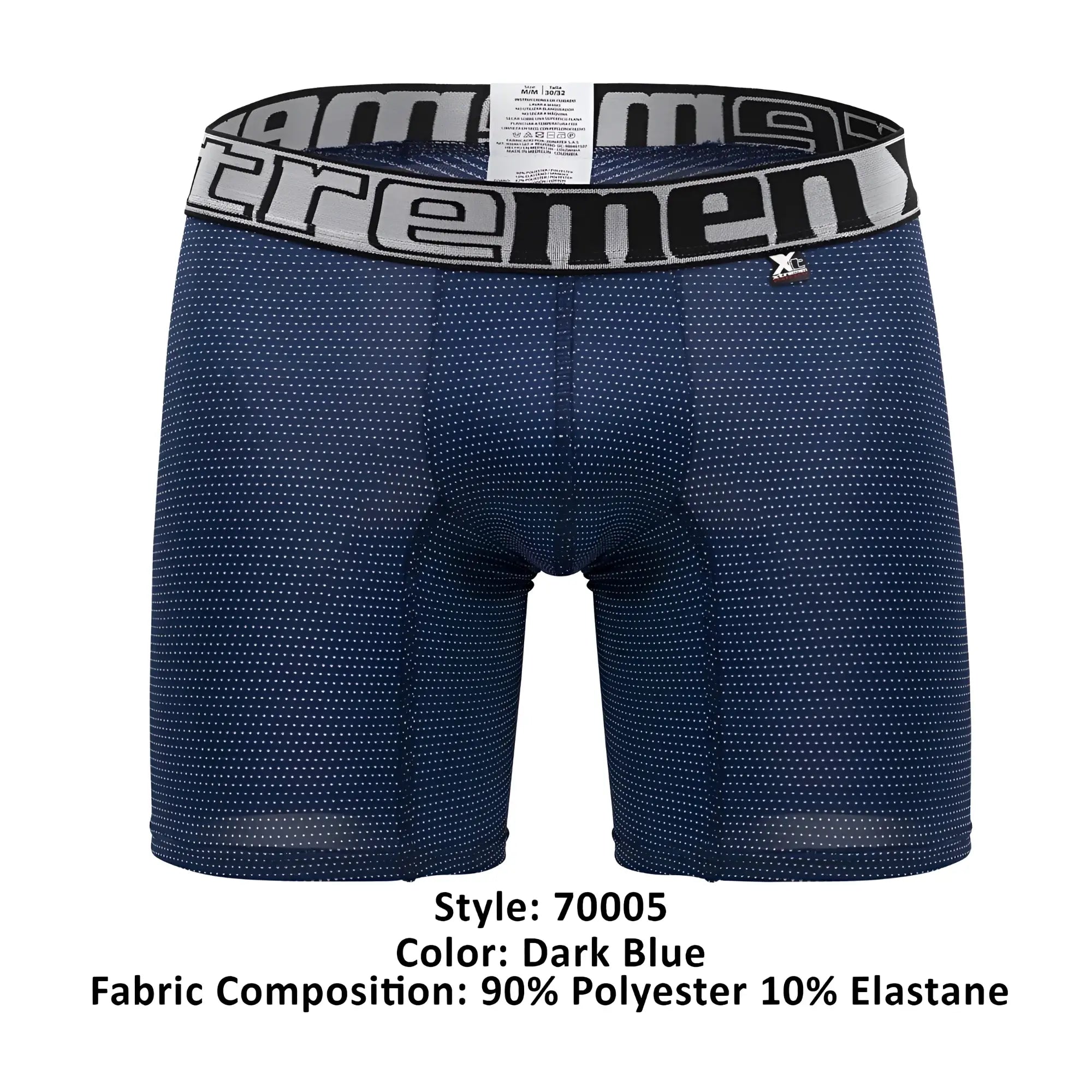 Dark blue xtremen 70005 plus boxer briefs with white dot pattern and gray waistband featuring extreme brand name