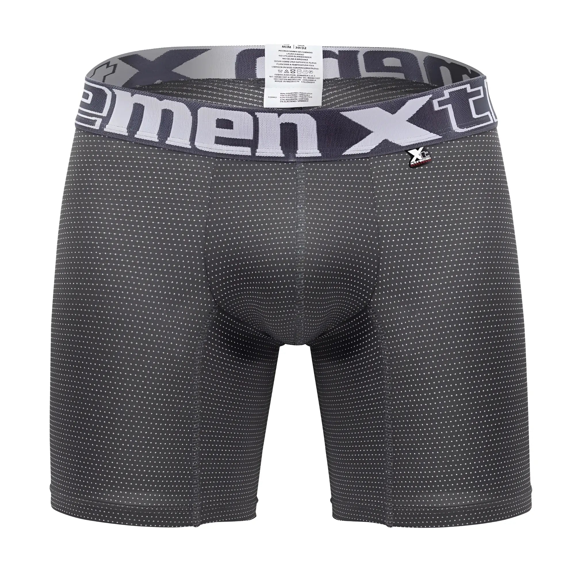 Dark gray men’s boxer briefs with white dot pattern and xtreme logo waistband in xtremen 70005 plus style