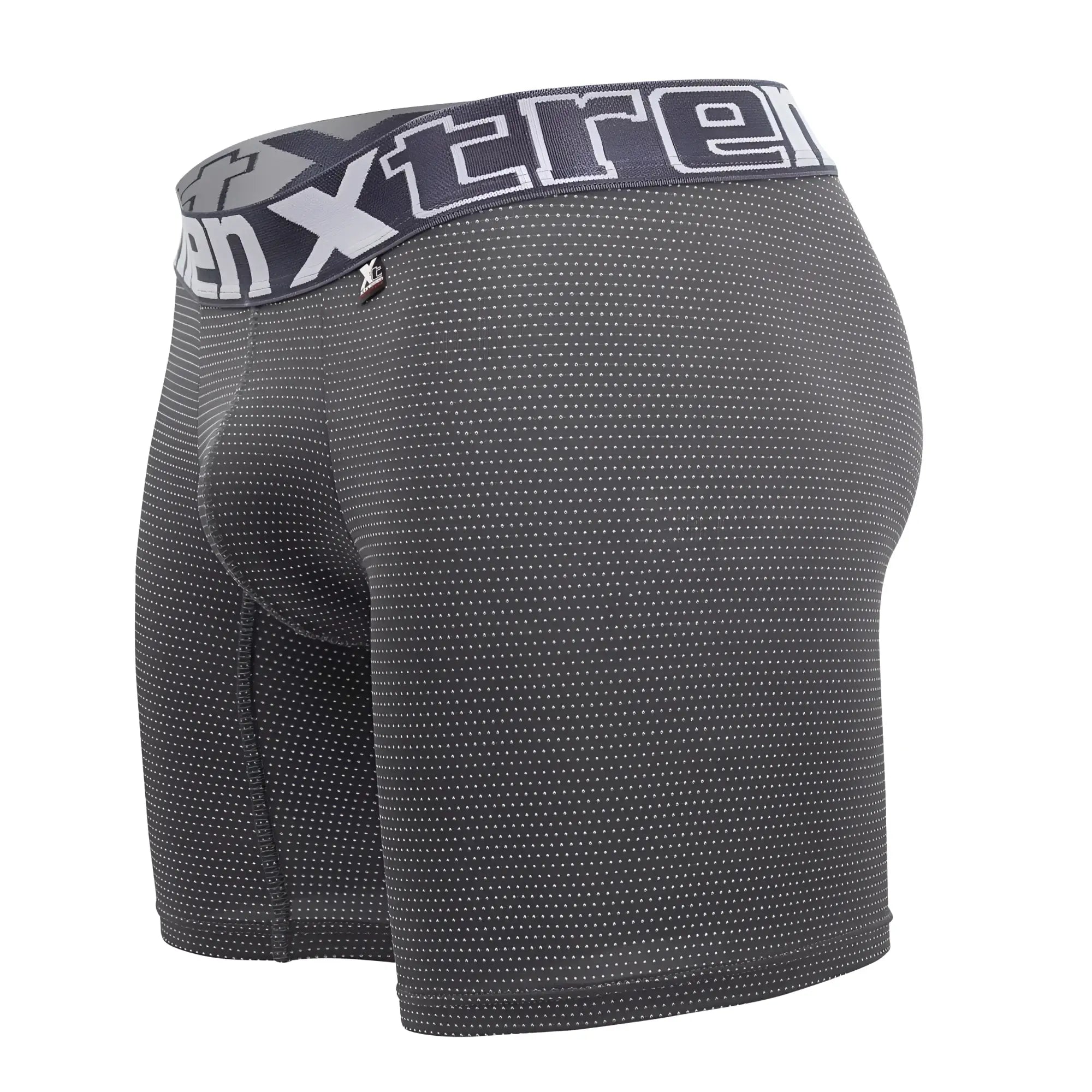 Dark gray xtremen 70005 plus boxer briefs with white dot pattern and elastic waistband featuring xtreme logo