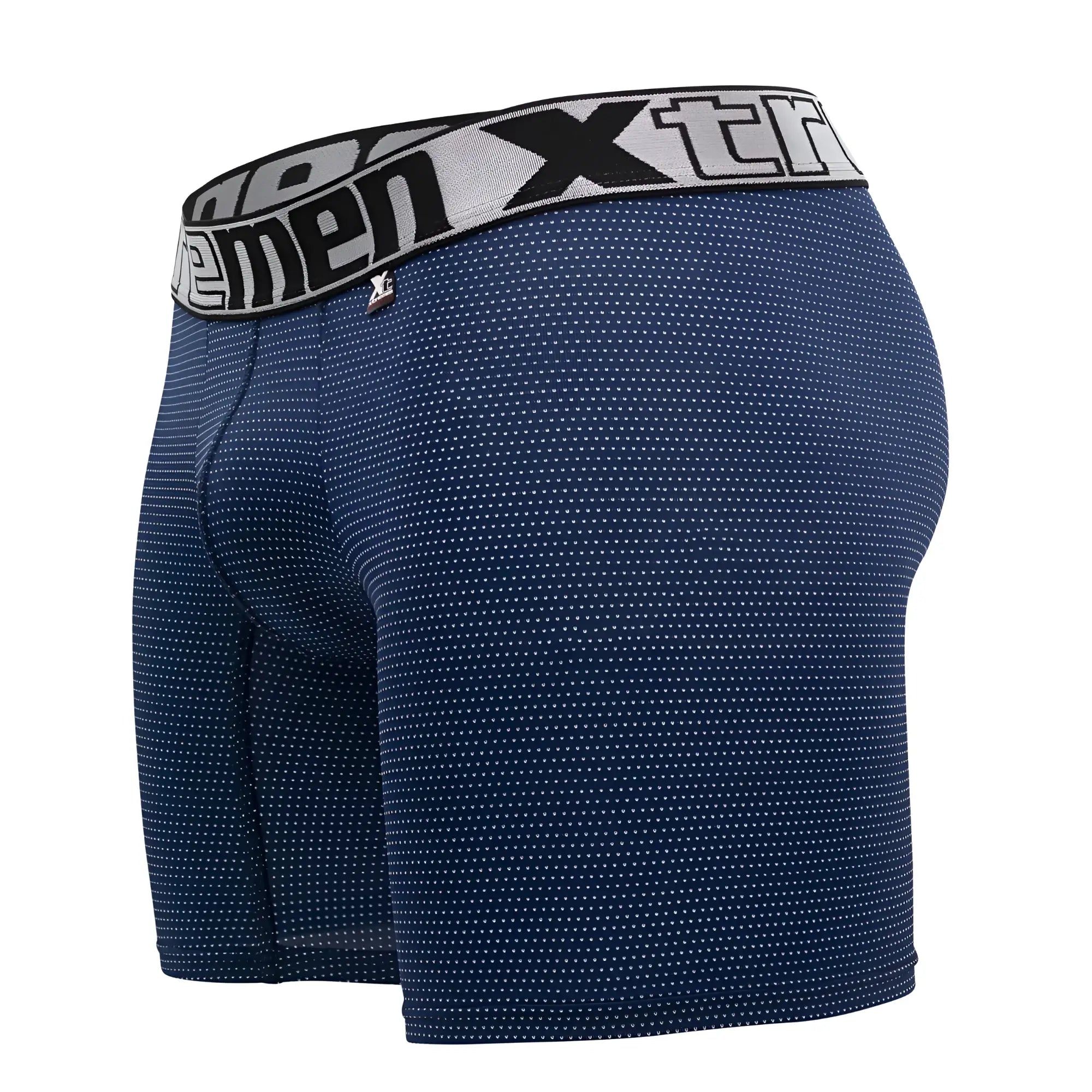 Navy blue xtremen 70005 plus boxer briefs with white dots and gray waistband featuring xtreme logo in black