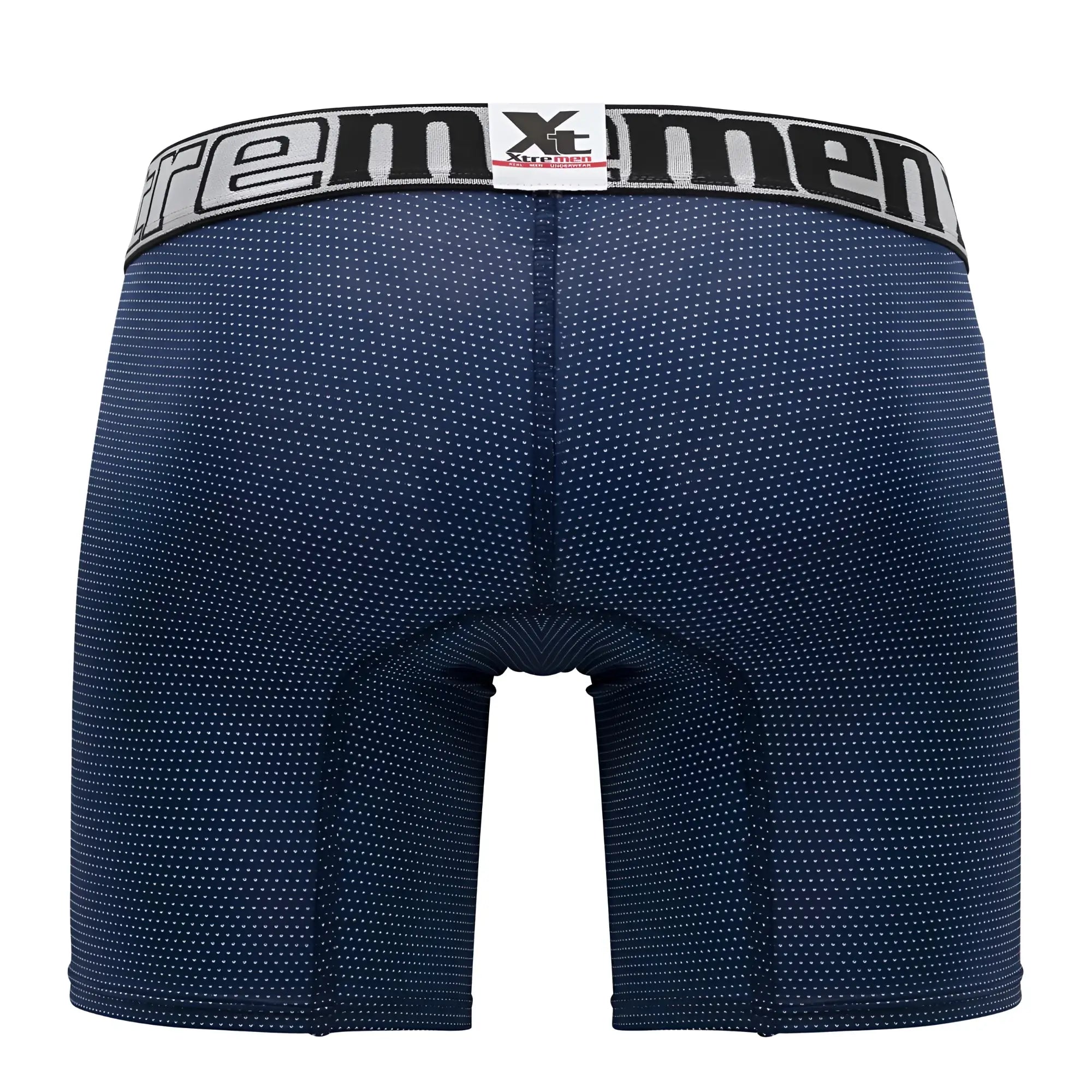 Navy blue xtremen 70005 plus boxer briefs with white dot pattern and gray waistband featuring xtreme men logo