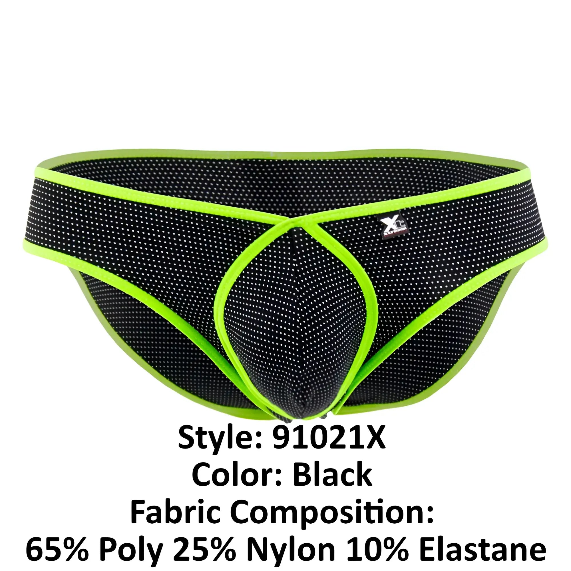 Xtremen 91021x black microfiber athletic briefs with neon green trim, subtle dot pattern, and front x-shaped design