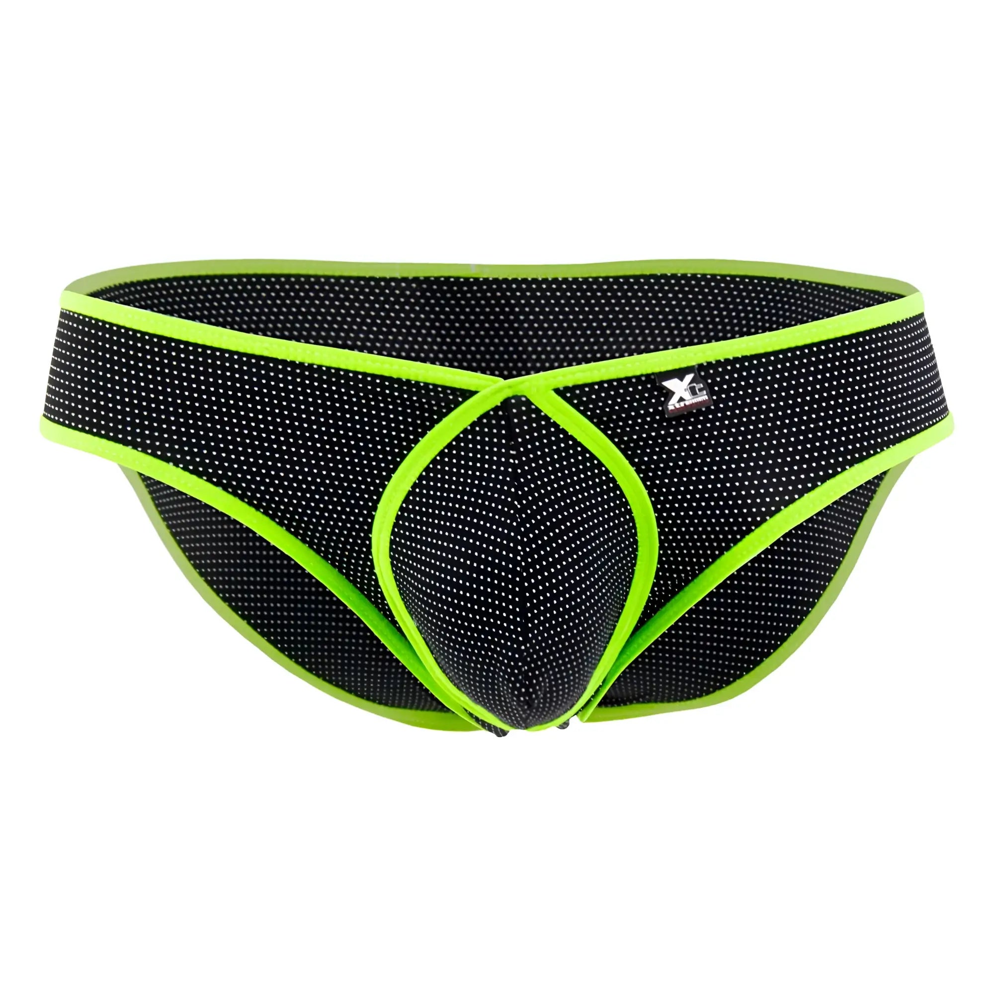 Black xtremen 91021x microfiber briefs with neon green trim and xl logo on mesh waistband front view