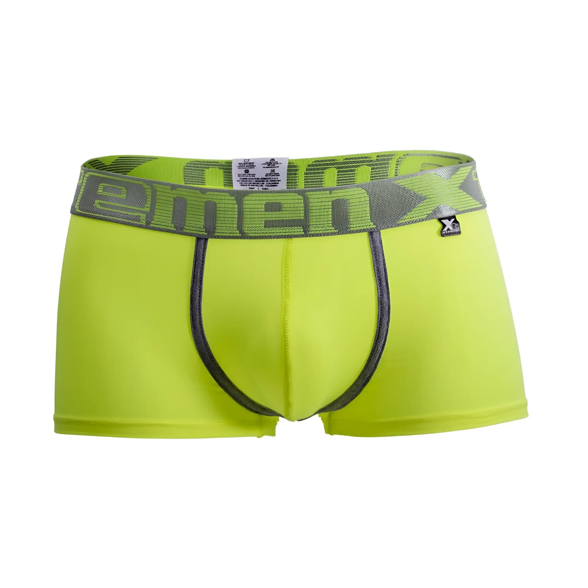 Bright neon green xtremen 91028 piping boxer briefs with gray emenx logo waistband and black stitching on leg openings