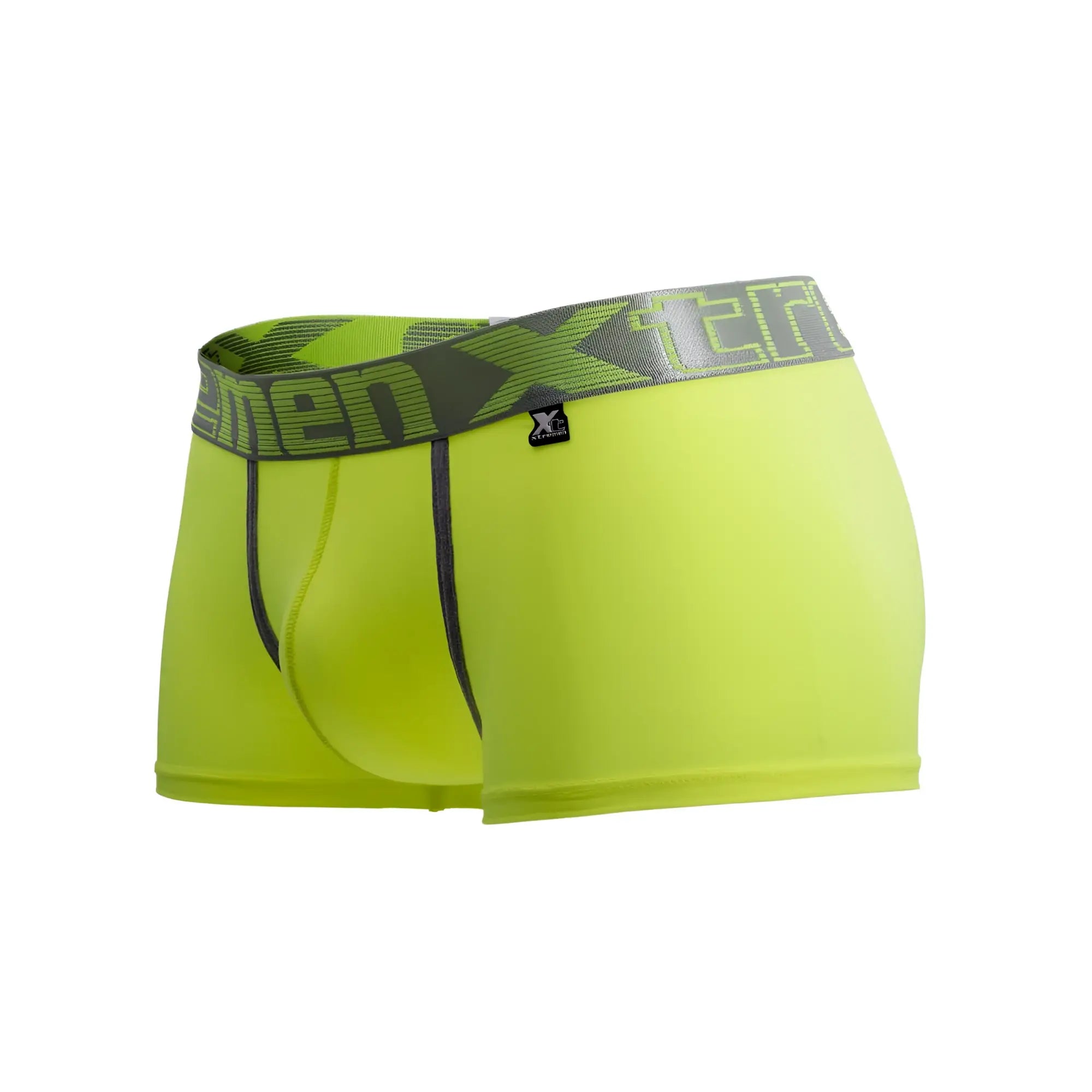 Bright neon green xtremen 91028 piping men’s boxer briefs with gray patterned x-terra waistband and black trim