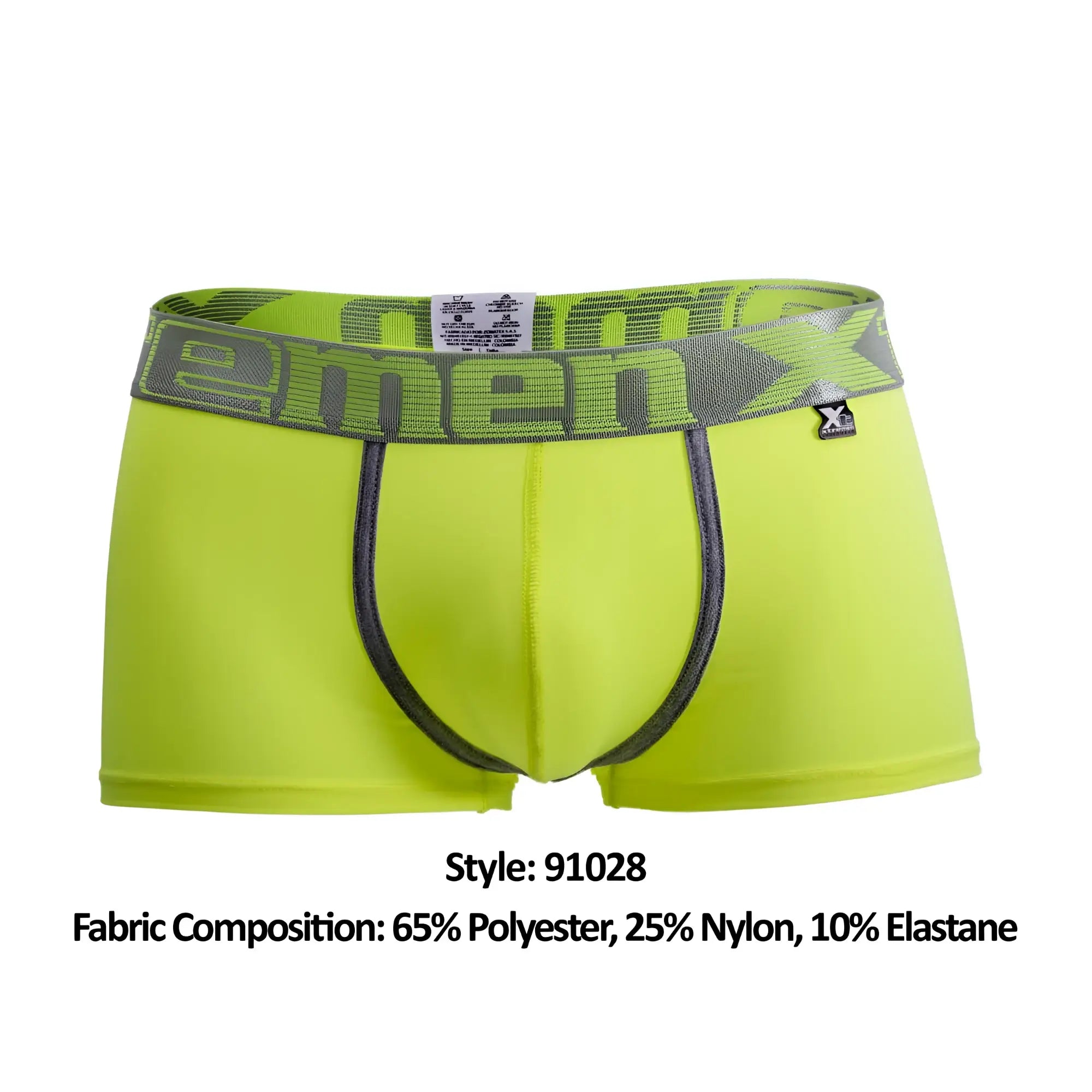 Xtremen 91028 green piping men’s boxer briefs with bright neon green fabric and gray emenx logo waistband
